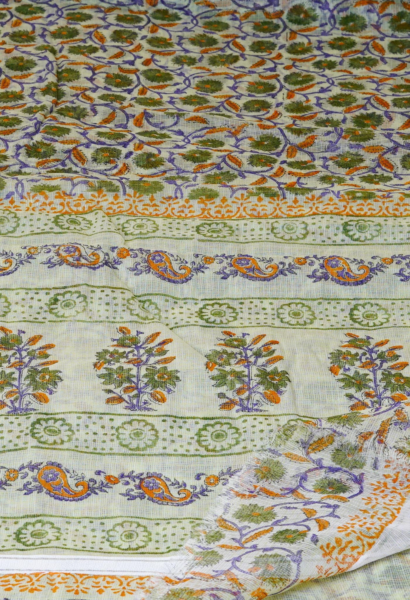 Cream Pure Kota Block Printed Cotton Saree-UNM70330