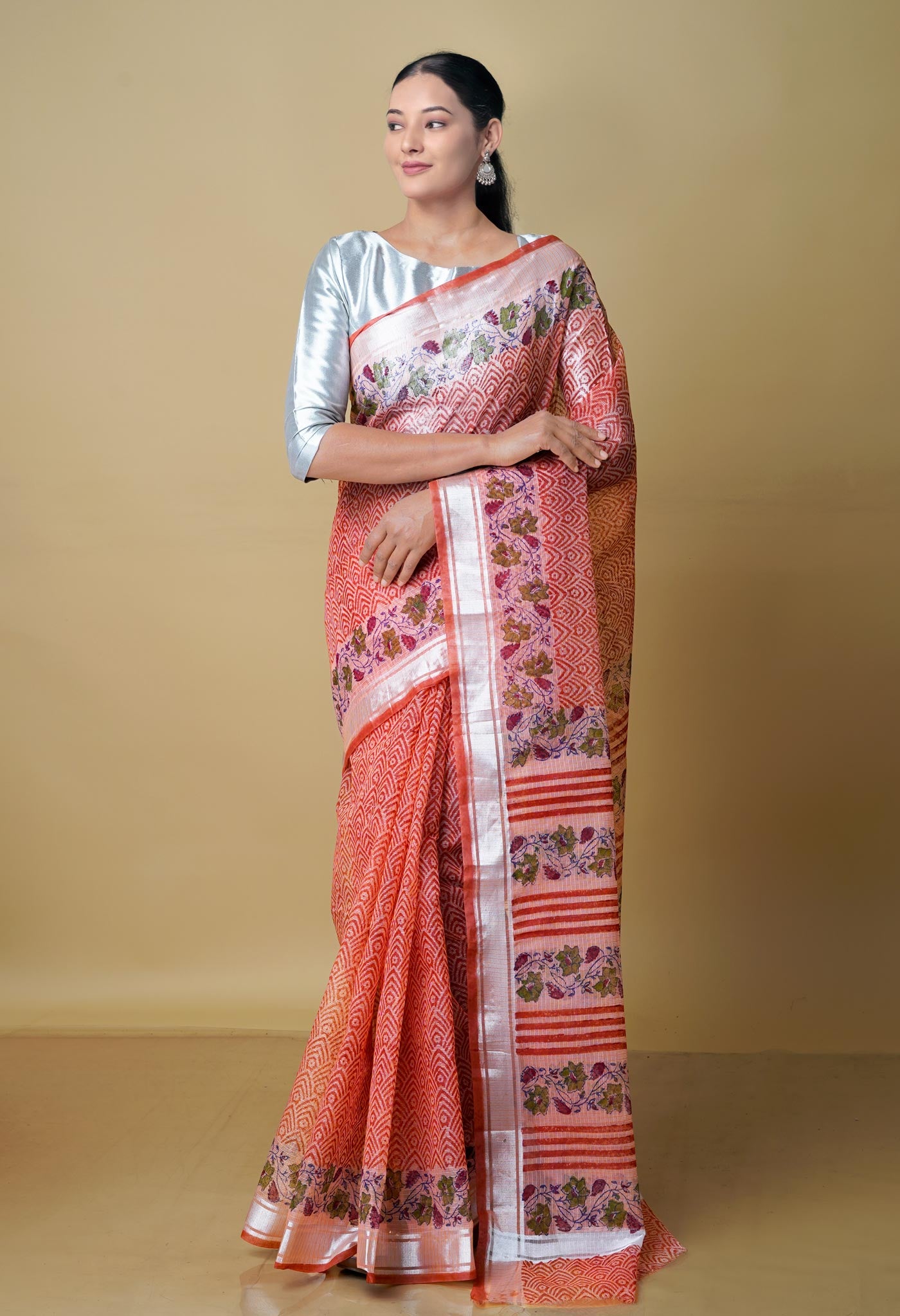 Red Pure Kota Block Printed Cotton Saree-UNM70335