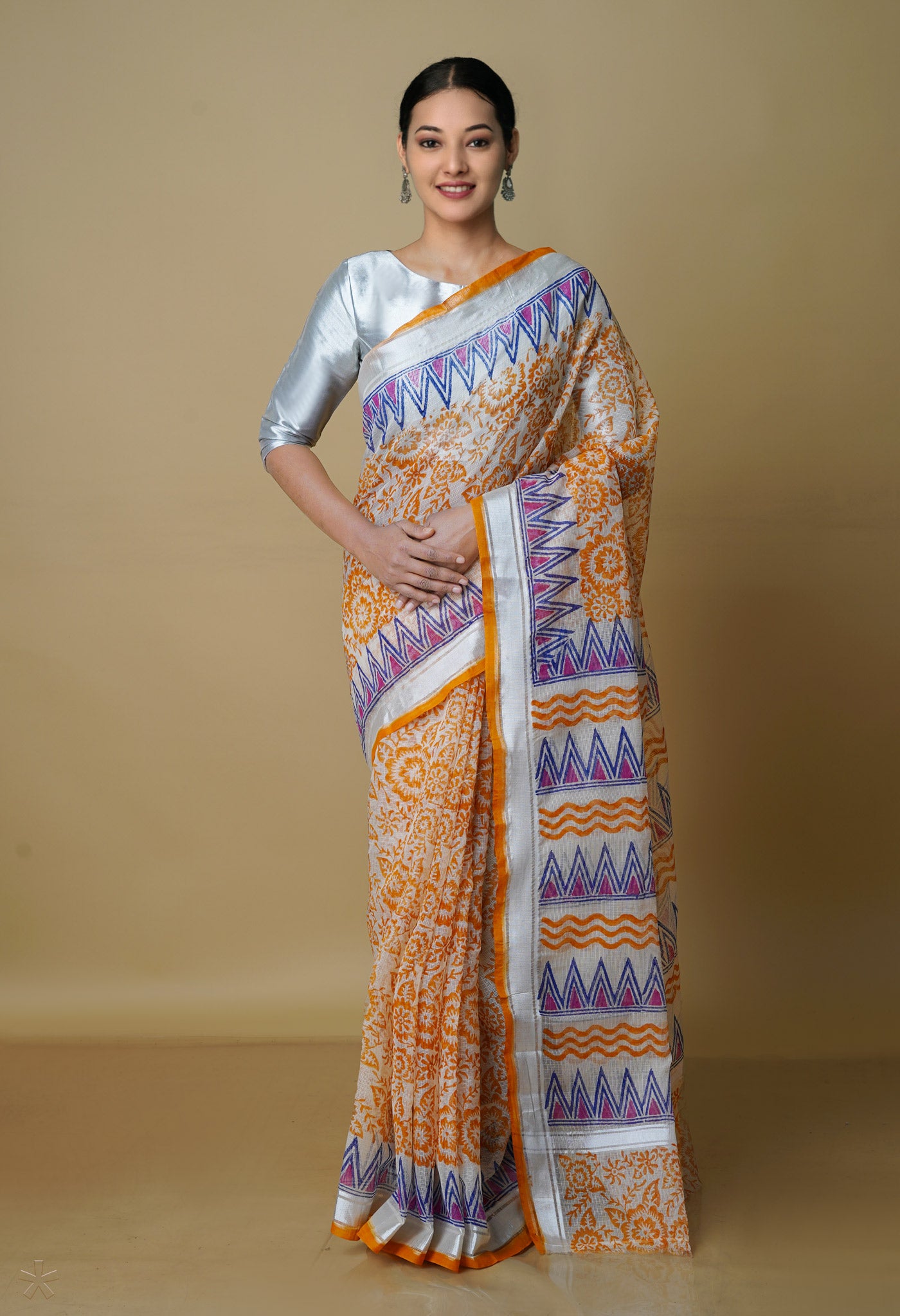 Cream Pure Kota Block Printed Cotton Saree-UNM70336