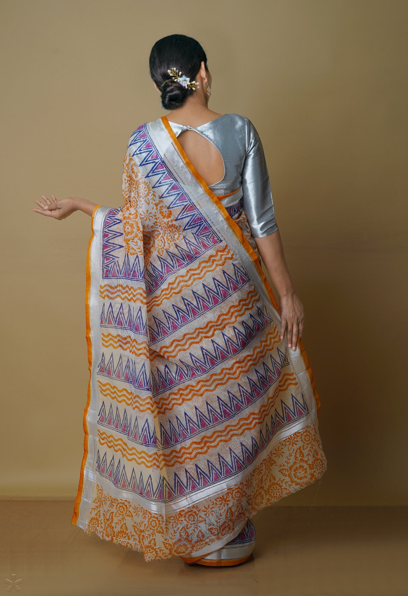 Cream Pure Kota Block Printed Cotton Saree-UNM70336