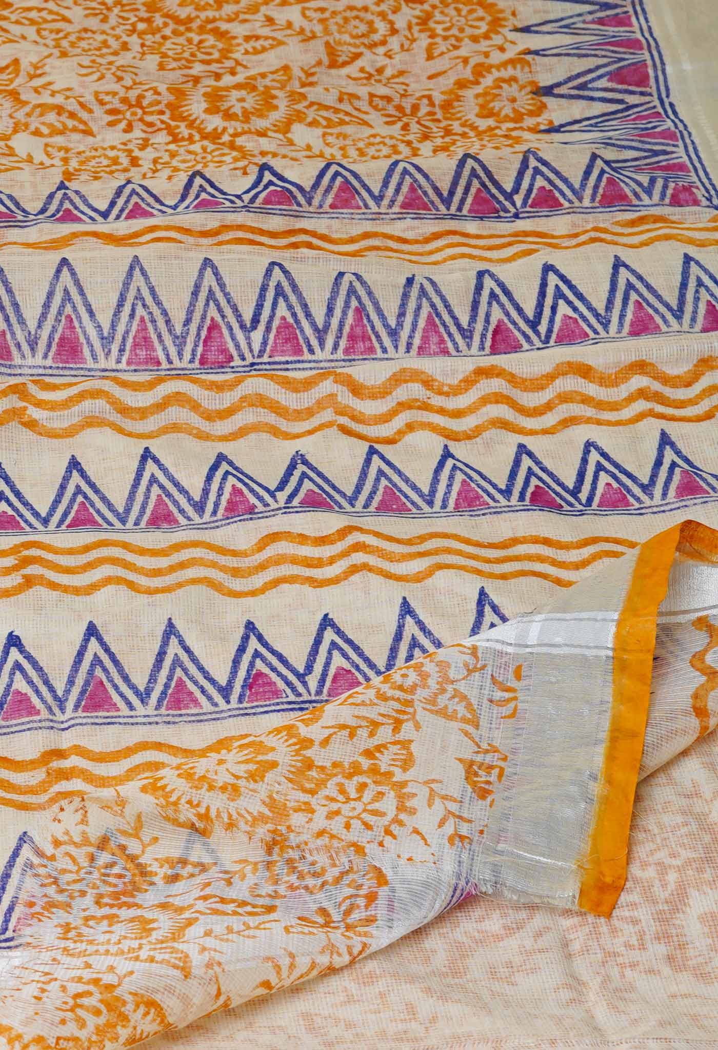 Cream Pure Kota Block Printed Cotton Saree-UNM70336