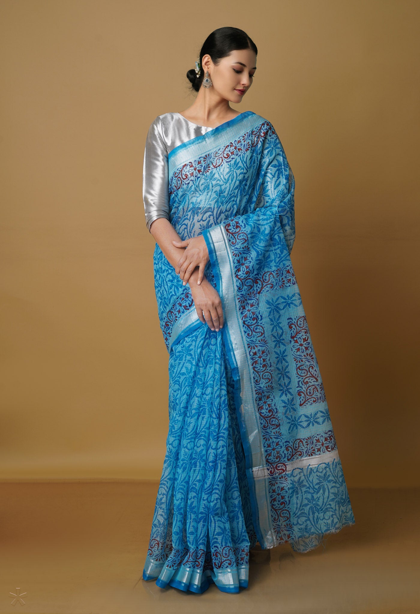 Sky Blue Pure Kota Block Printed Cotton Saree-UNM70342