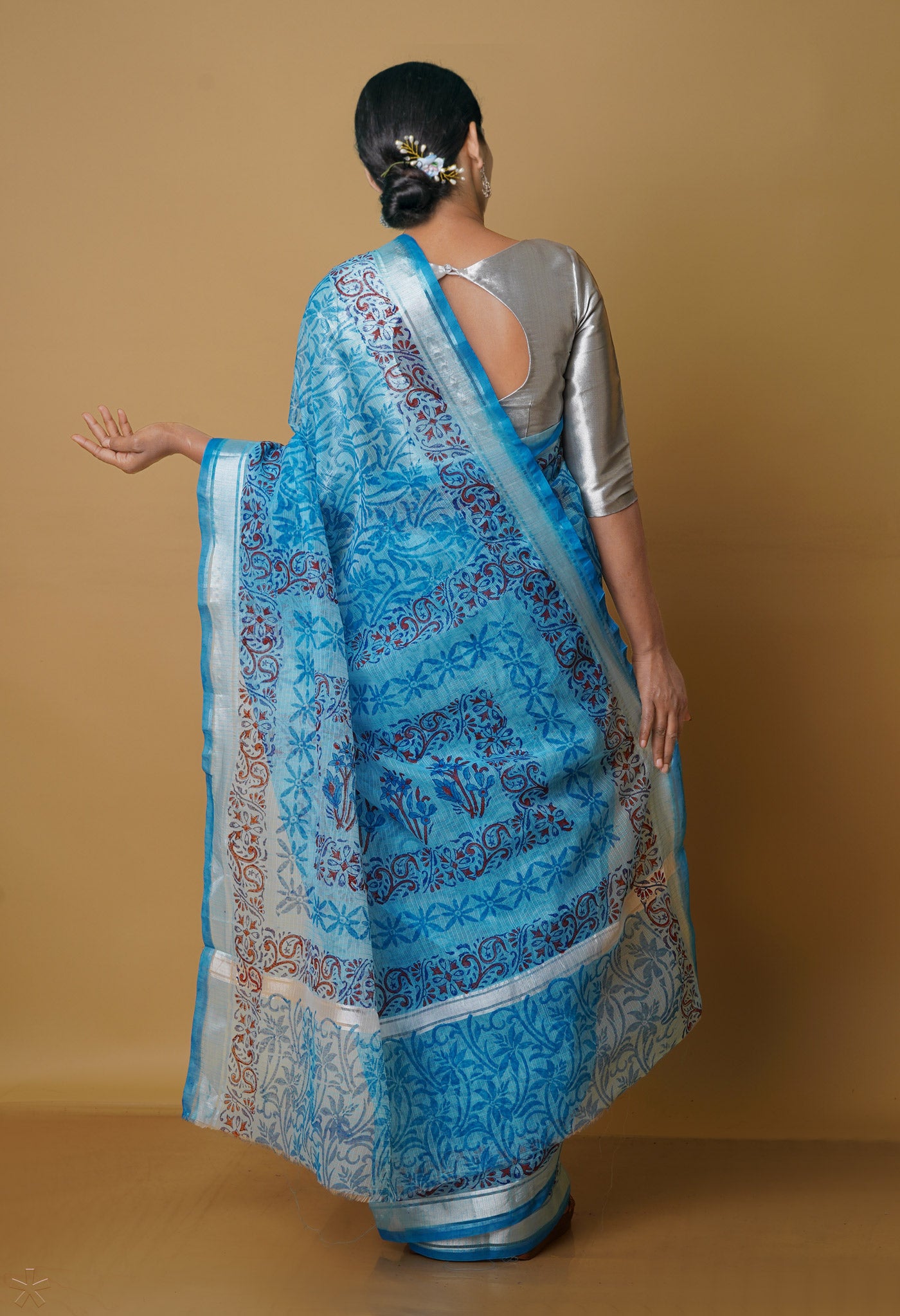 Sky Blue Pure Kota Block Printed Cotton Saree-UNM70342