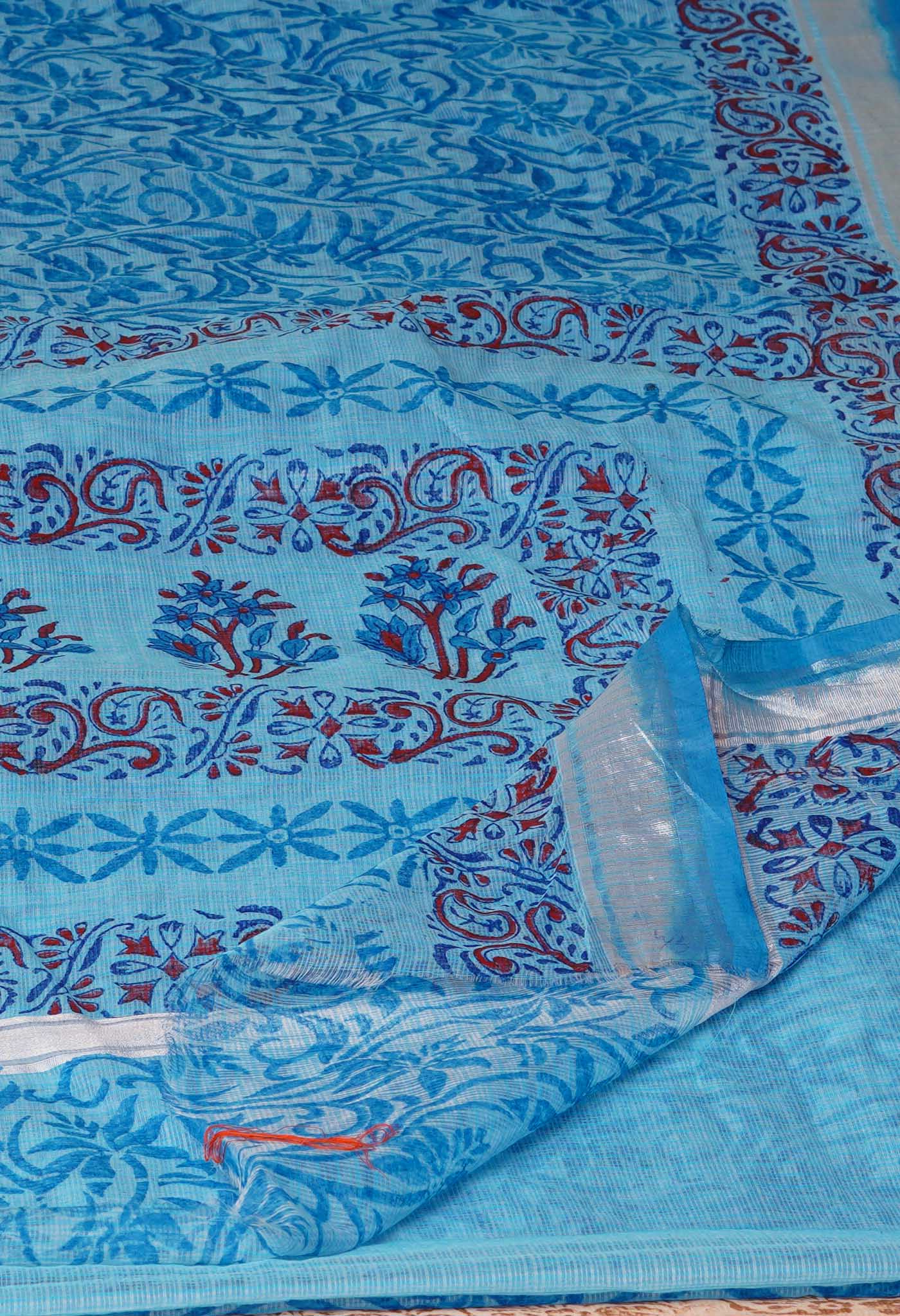 Sky Blue Pure Kota Block Printed Cotton Saree-UNM70342