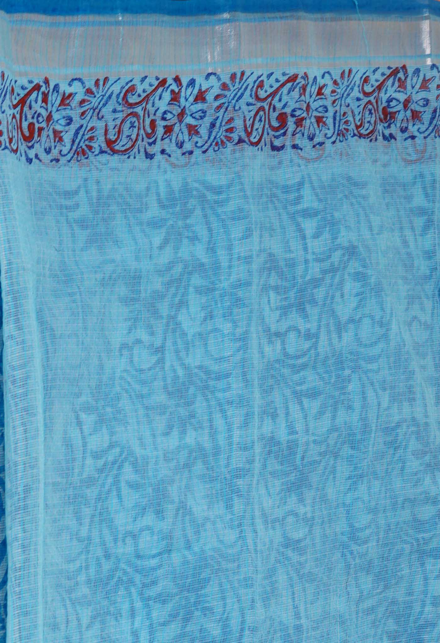Sky Blue Pure Kota Block Printed Cotton Saree-UNM70342