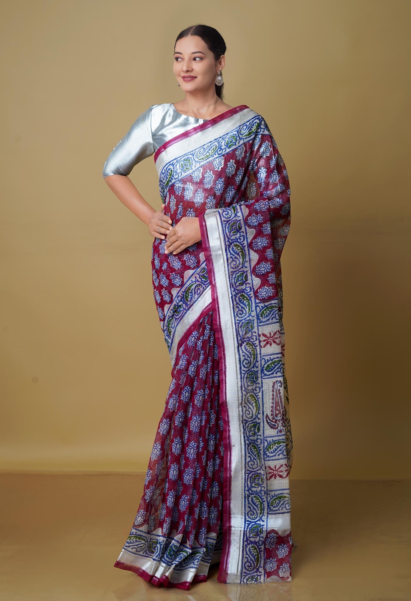 Maroon Pure Kota Block Printed Cotton Saree-UNM70349