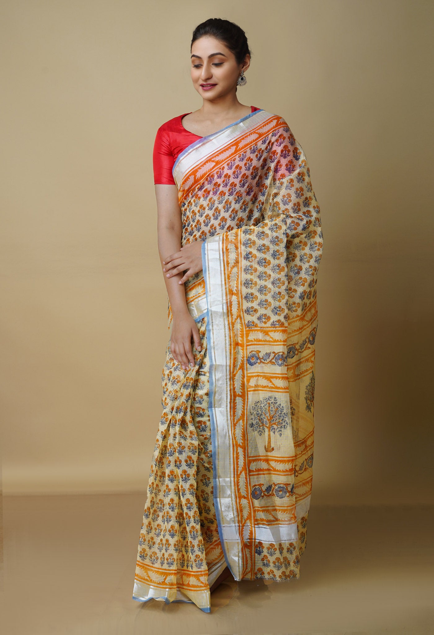 Light Yellow Pure Kota Block Printed Cotton Saree-UNM70353
