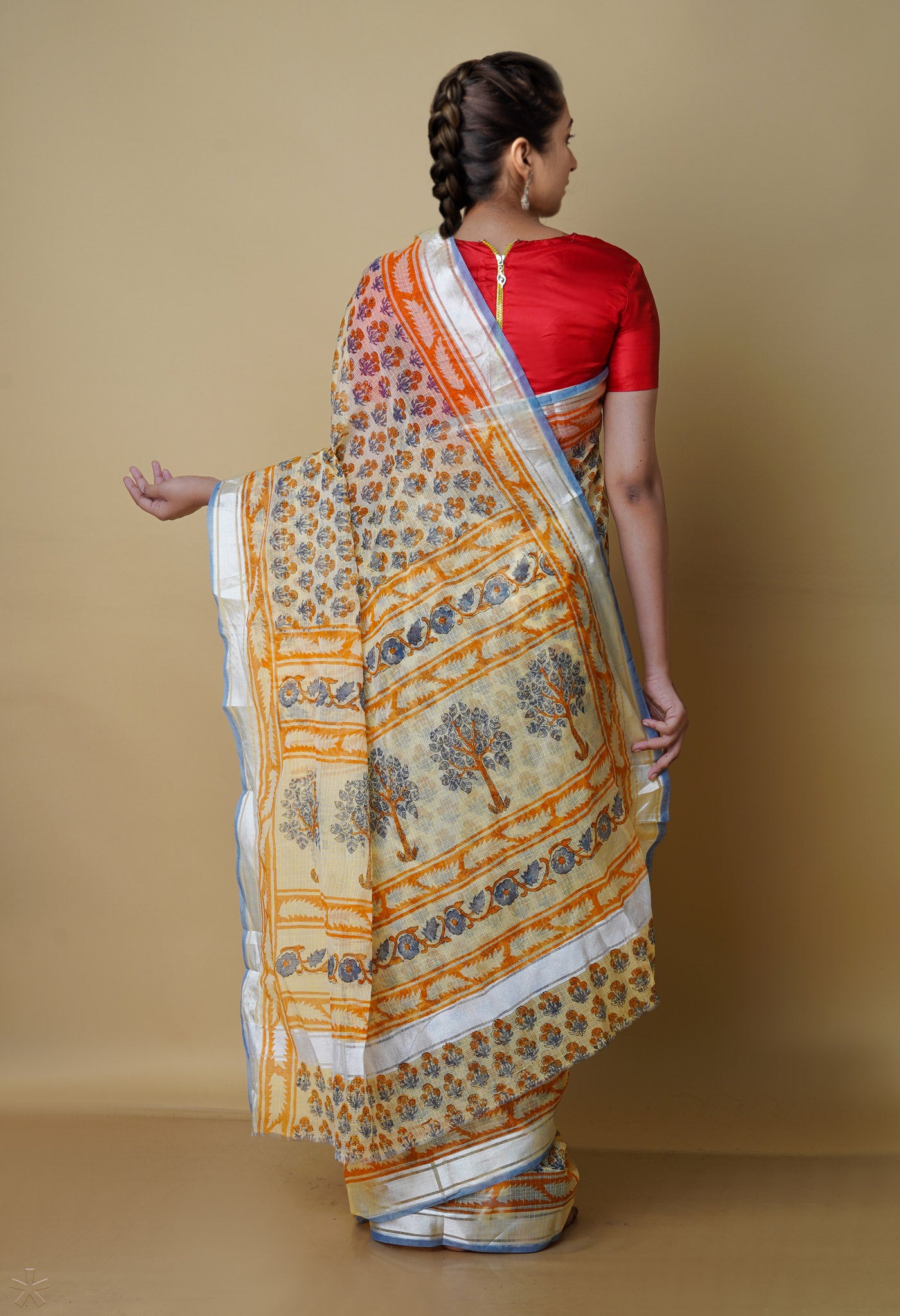 Light Yellow Pure Kota Block Printed Cotton Saree-UNM70353