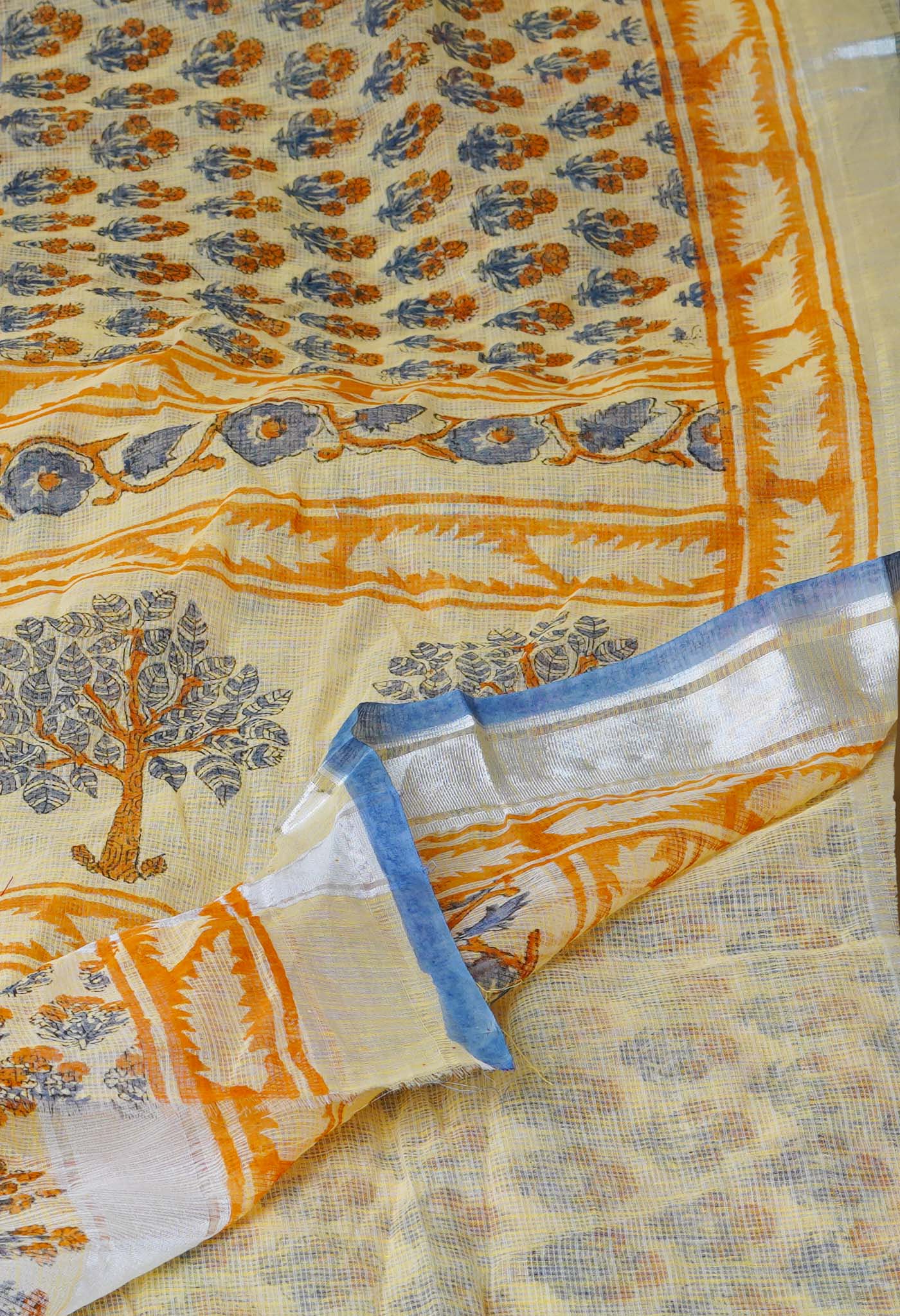 Light Yellow Pure Kota Block Printed Cotton Saree-UNM70353