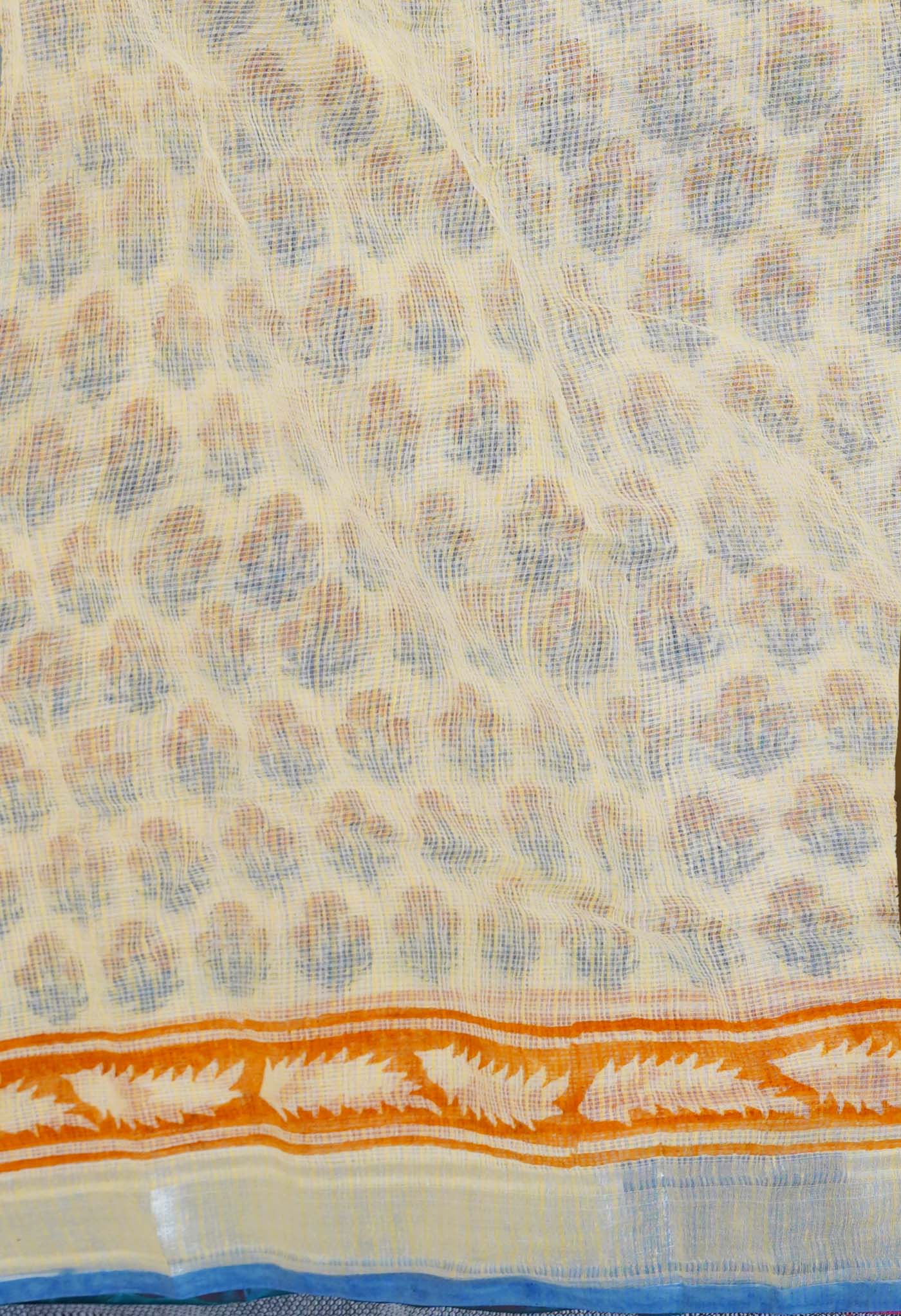 Light Yellow Pure Kota Block Printed Cotton Saree-UNM70353