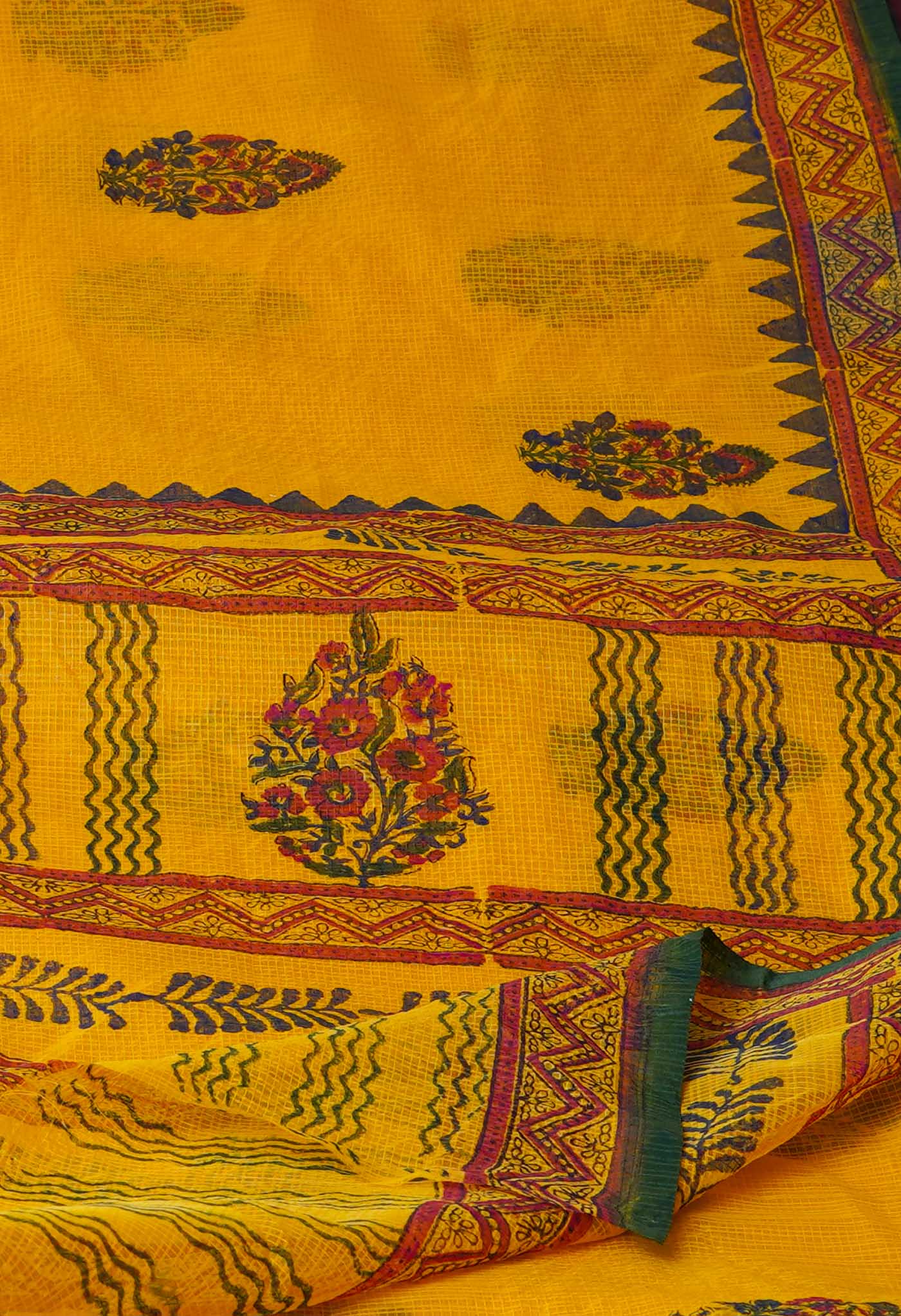 Yellow Block Printed Meghalaya Checks Supernet Saree-UNM70358