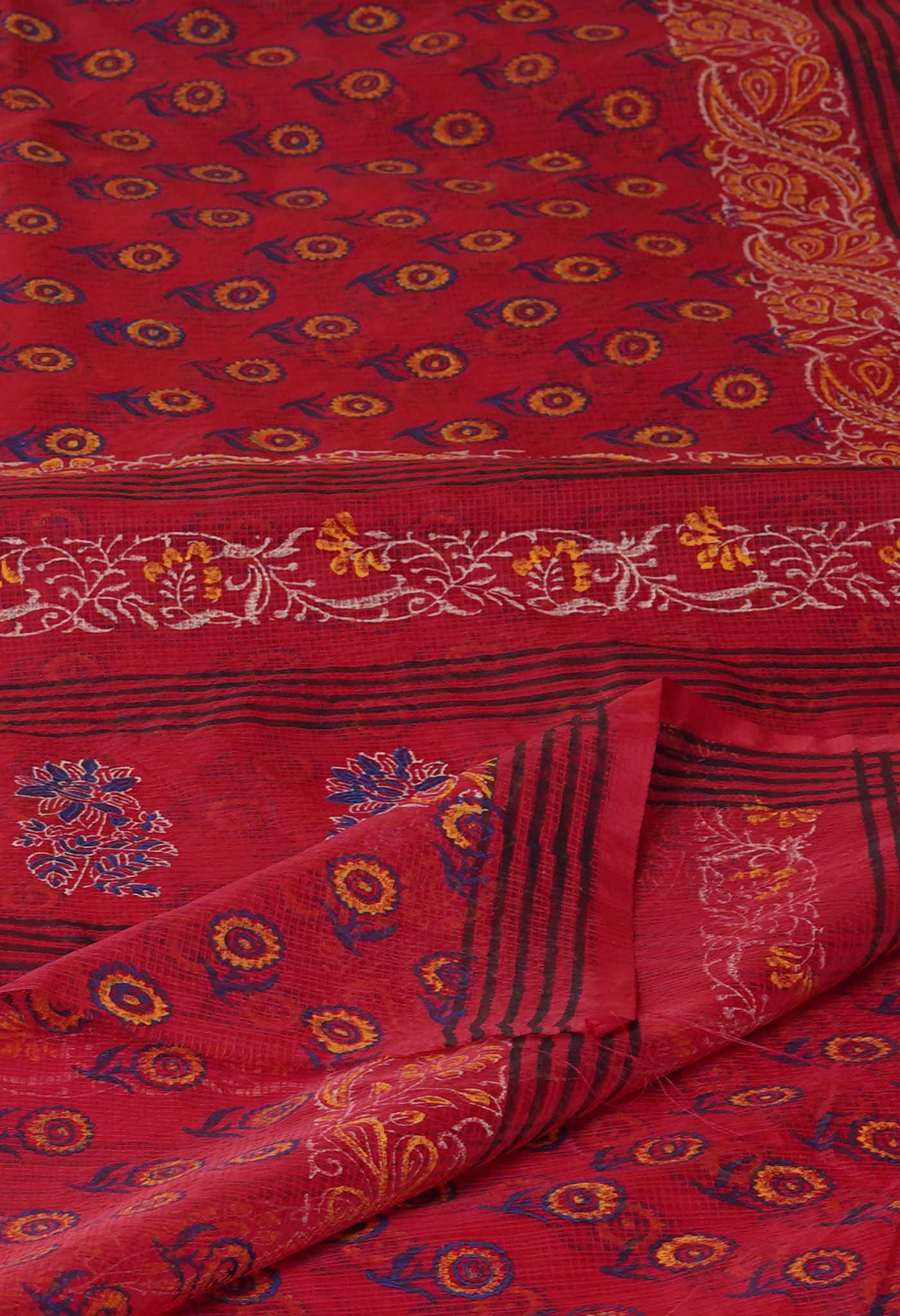 Red Block Printed Meghalaya Checks Supernet Saree-UNM70360