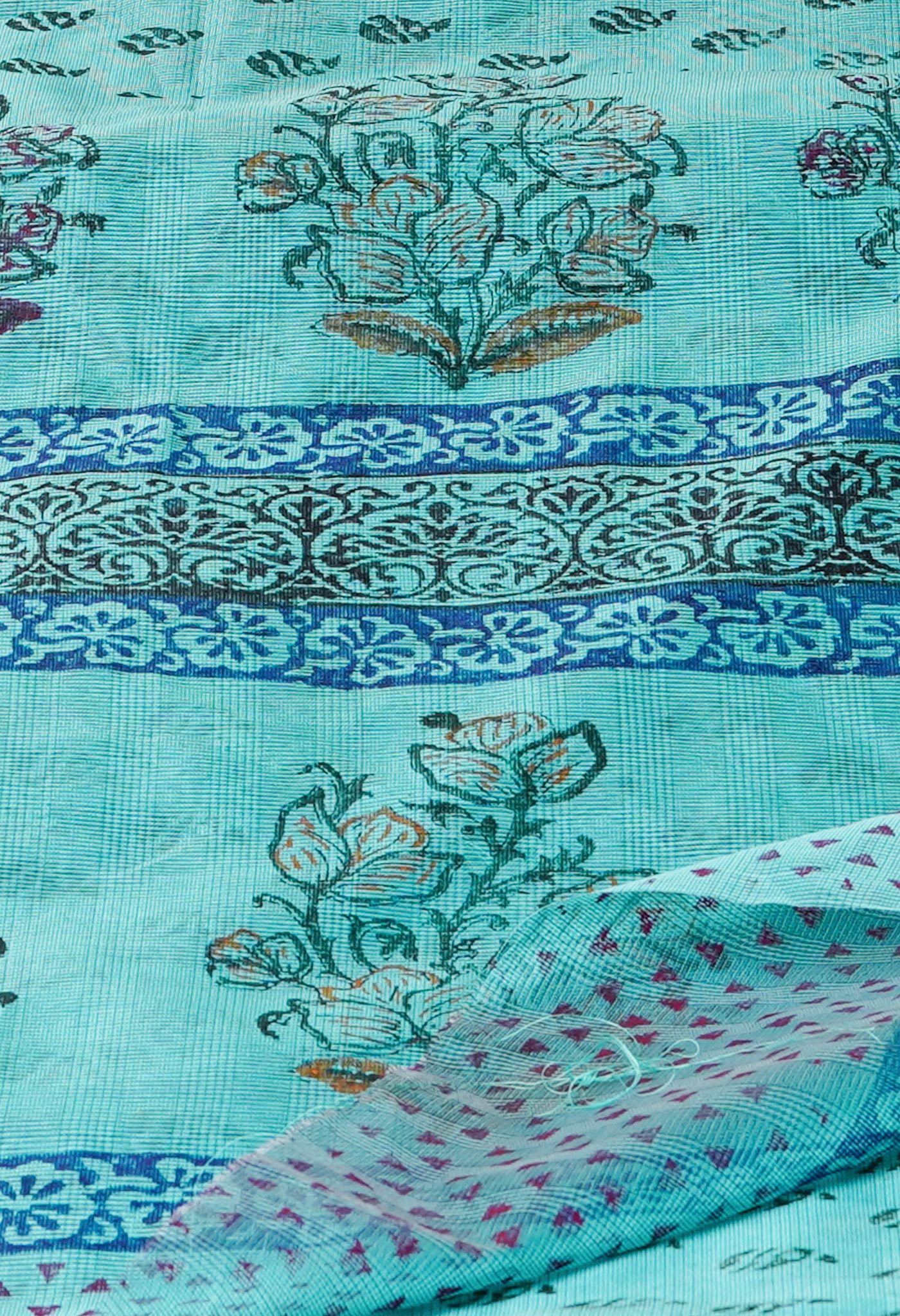 Tiffany Blue Block Printed Meghalaya Supernet Saree-UNM70385