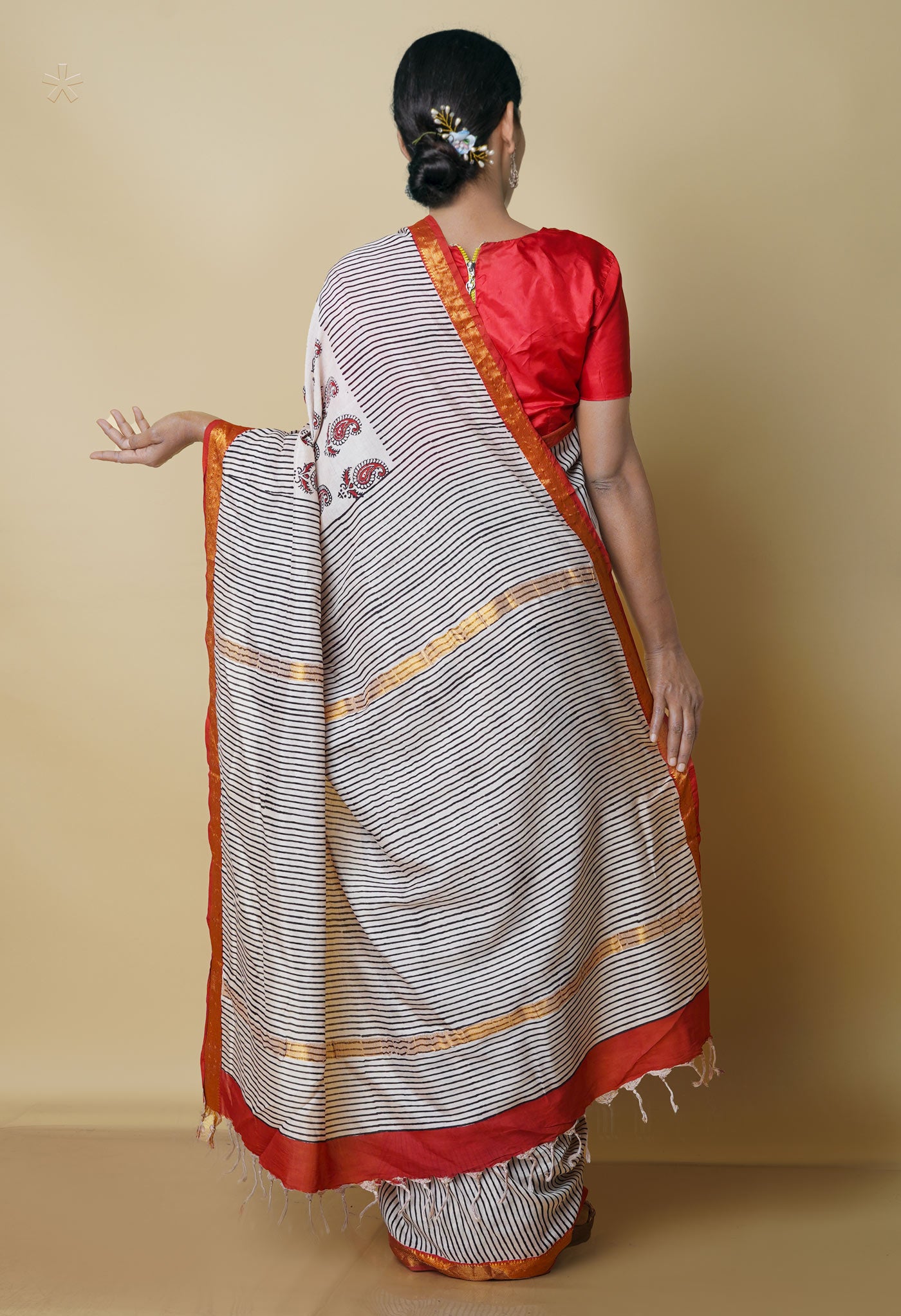 Beige Pure  Preet Bagru Printed Chanderi Soft Silk Saree-UNM70398