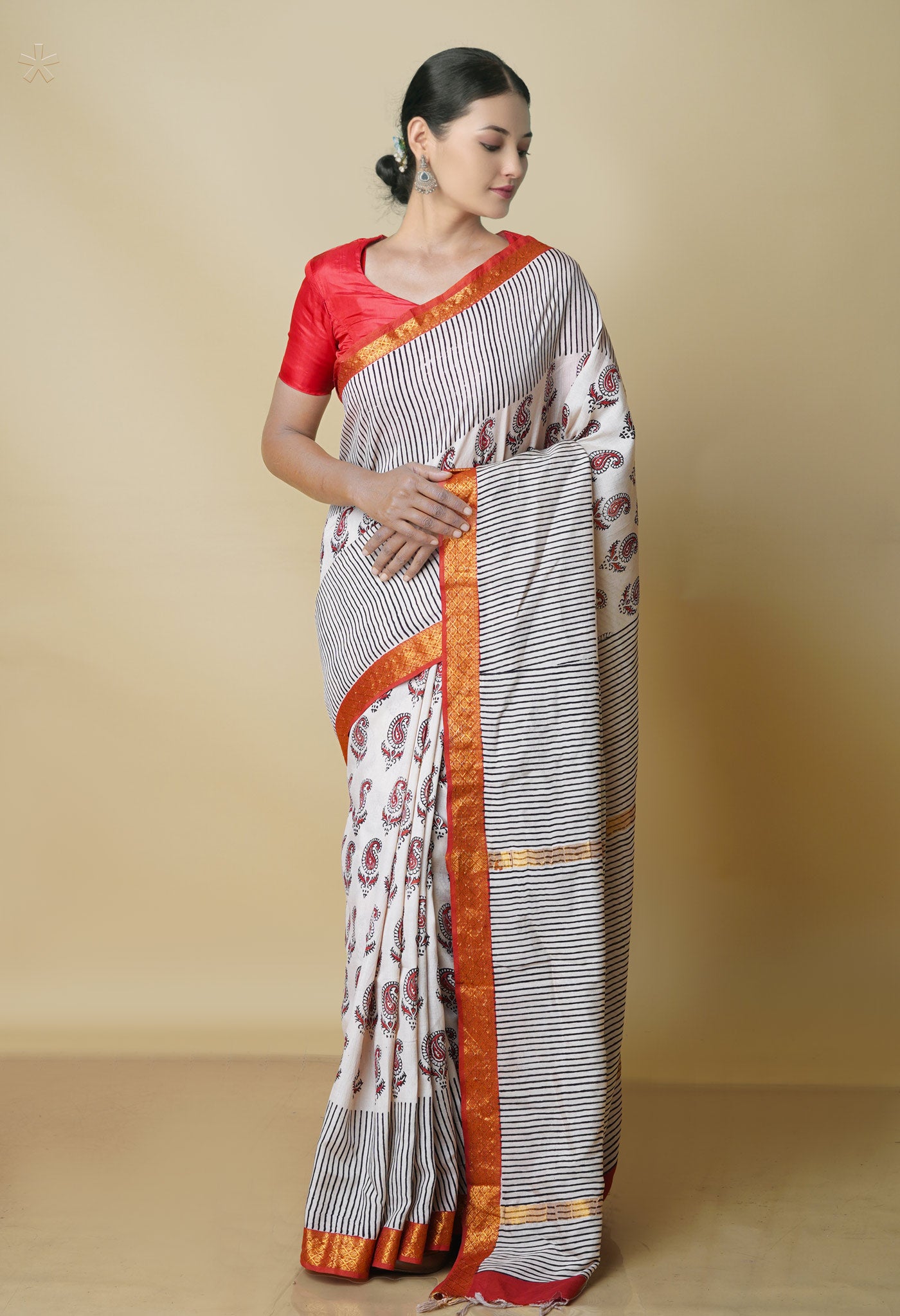 Beige Pure  Preet Bagru Printed Chanderi Soft Silk Saree-UNM70412