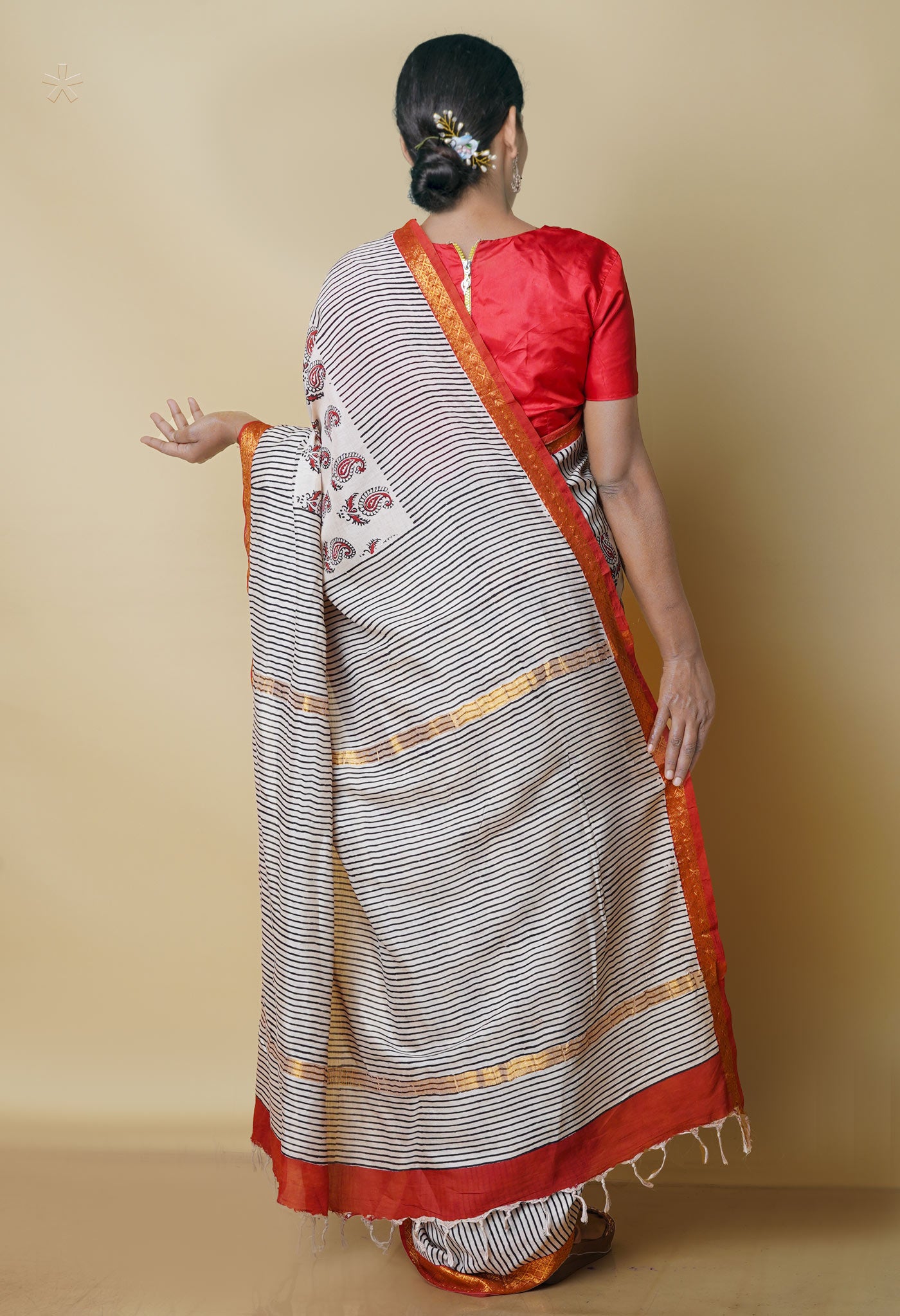 Beige Pure  Preet Bagru Printed Chanderi Soft Silk Saree-UNM70412