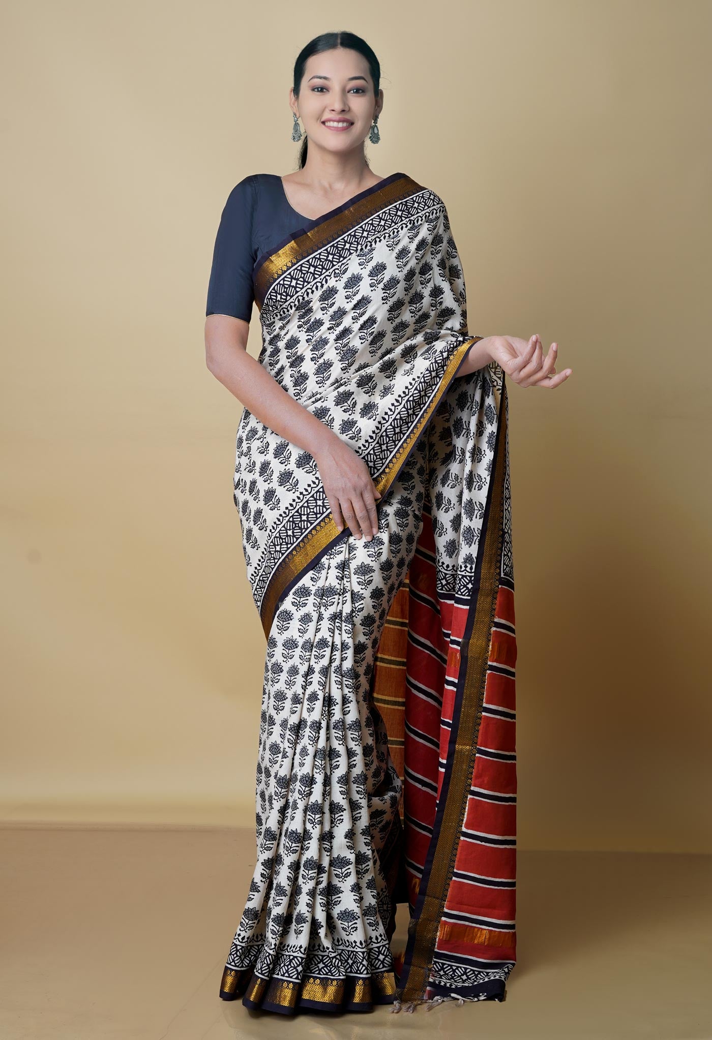 Beige Pure  Preet Bagru Printed Chanderi Soft Silk Saree-UNM70413