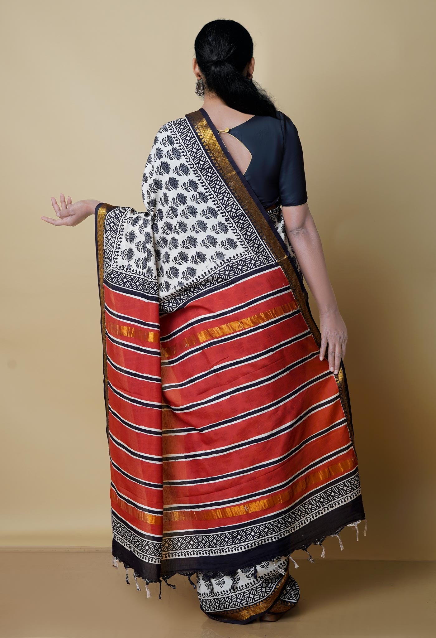 Beige Pure  Preet Bagru Printed Chanderi Soft Silk Saree-UNM70413