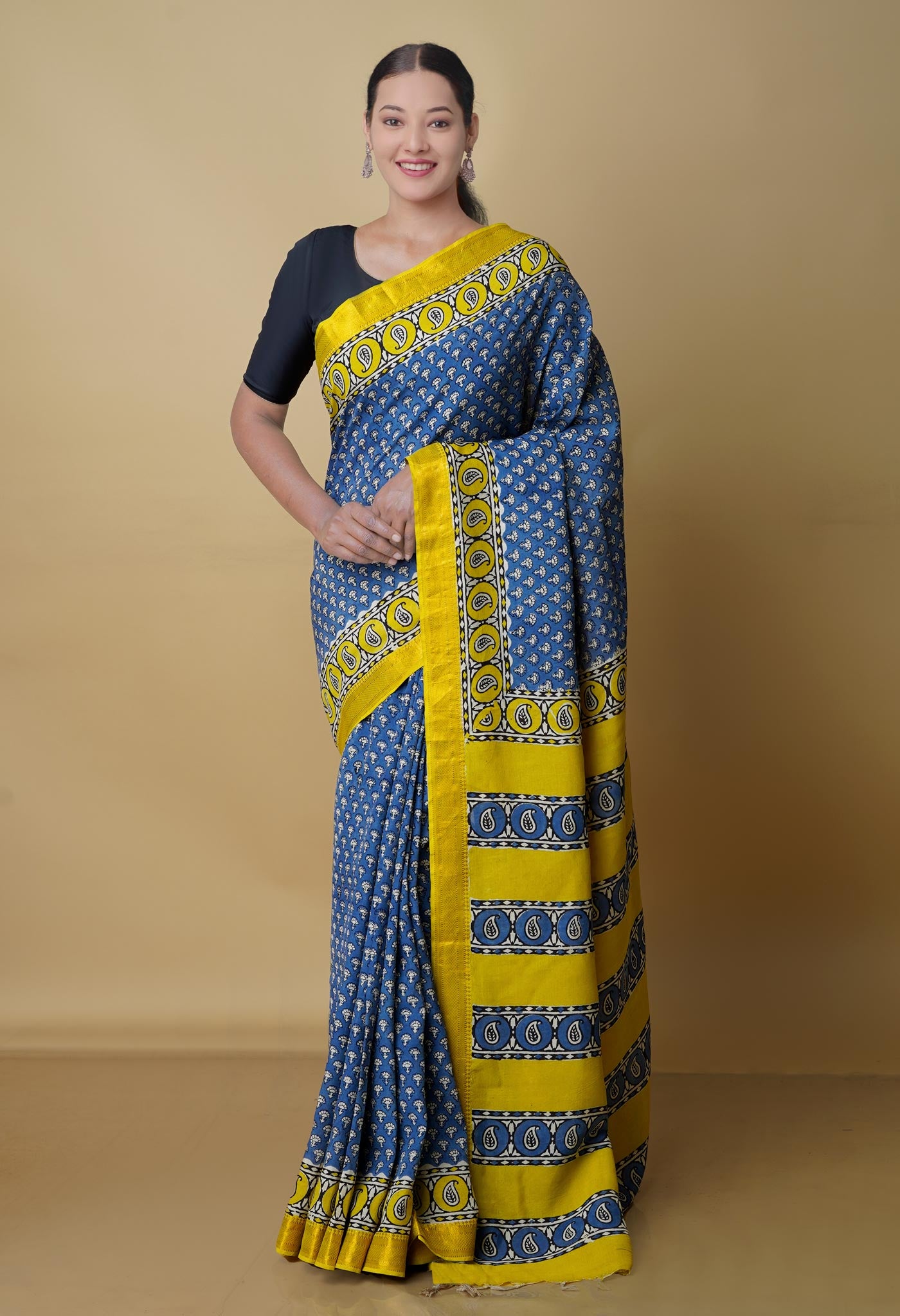Blue Pure Preet Bagru Printed Chanderi Soft Silk Saree-UNM70414