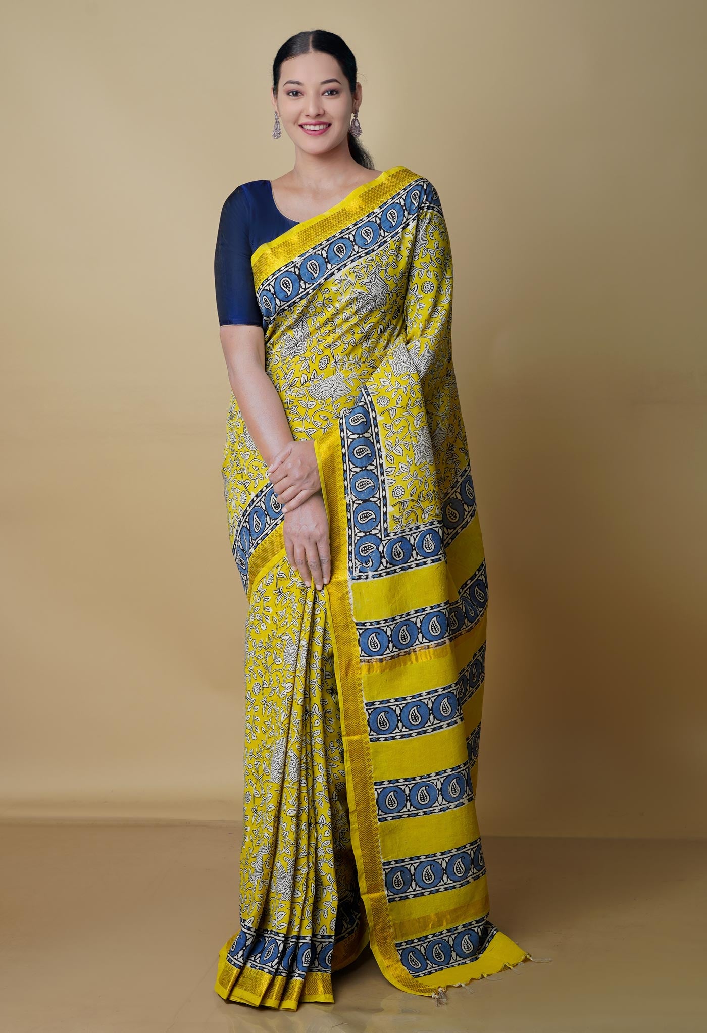 Yellow Pure Preet Bagru Printed Chanderi Soft Silk Saree