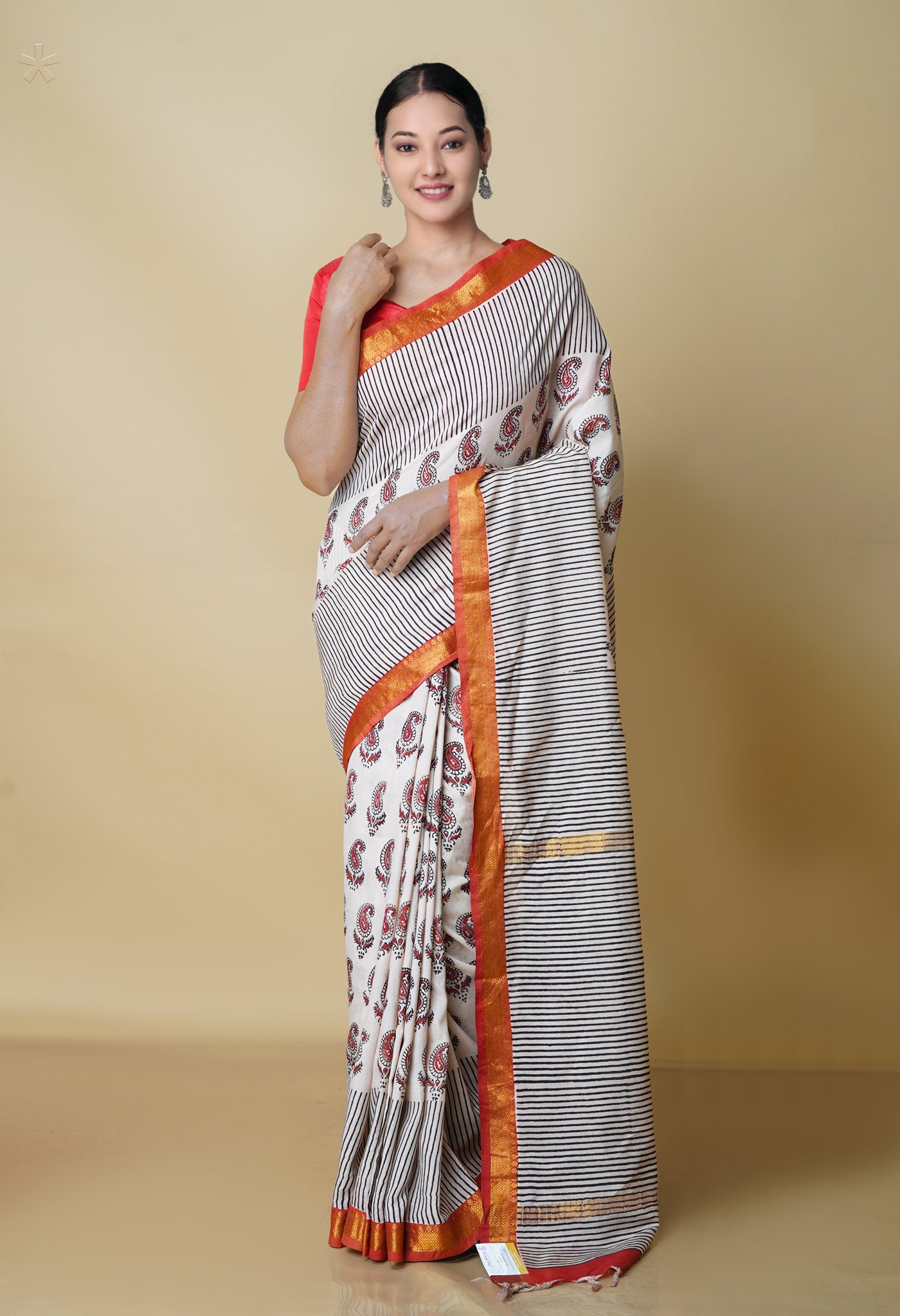 Beige Pure  Preet Bagru Printed Chanderi Soft Silk Saree-UNM70422