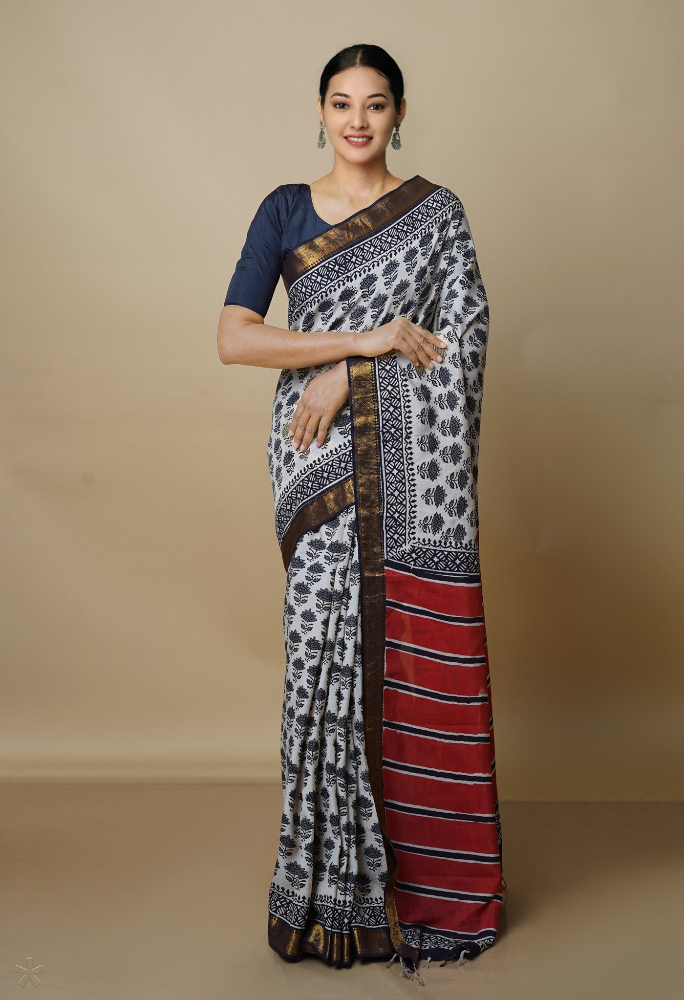 Beige Pure  Preet Bagru Printed Chanderi Soft Silk Saree-UNM70424