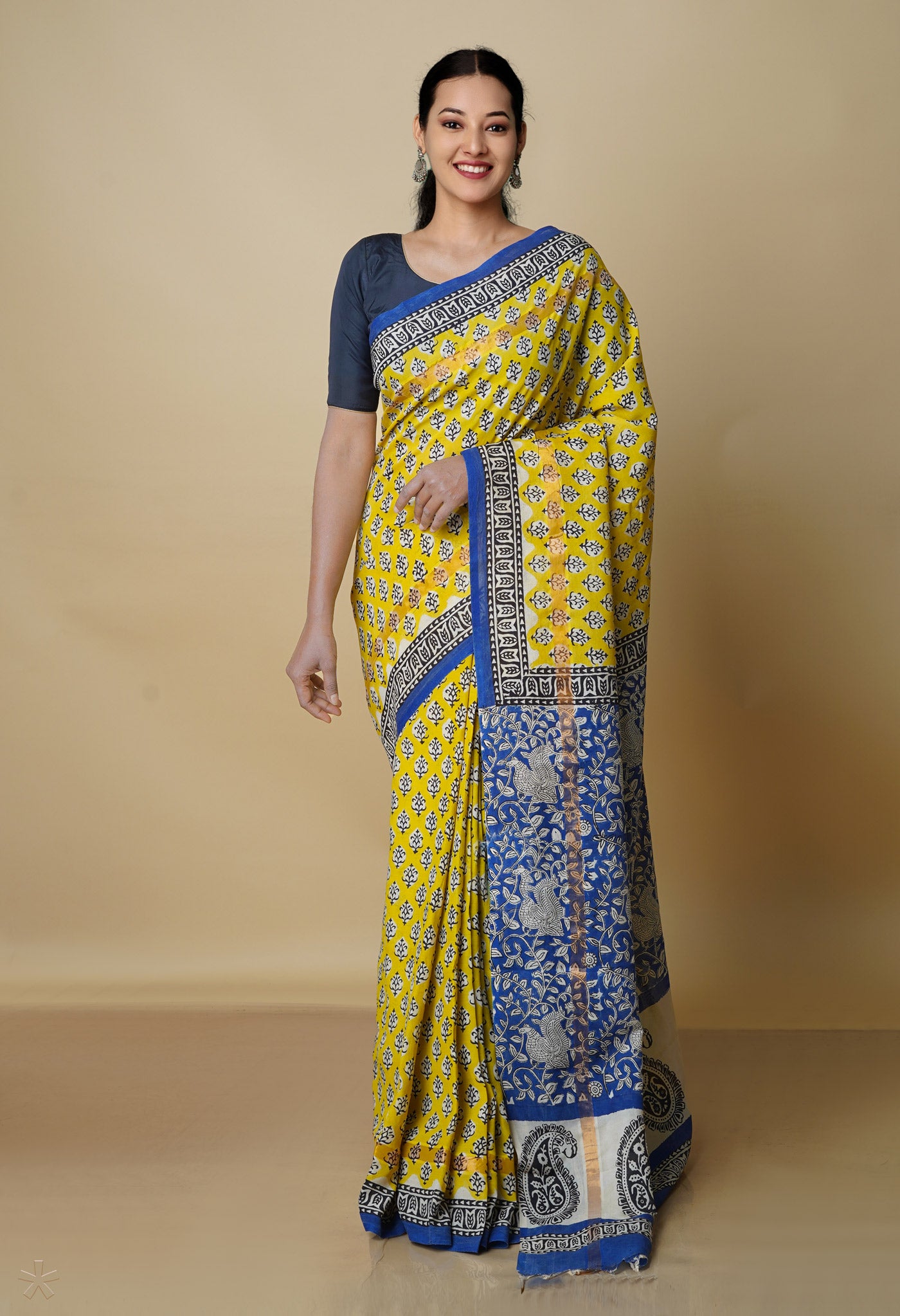 Yellow Pure Preet Bagru Printed Chanderi sico Saree-UNM70432