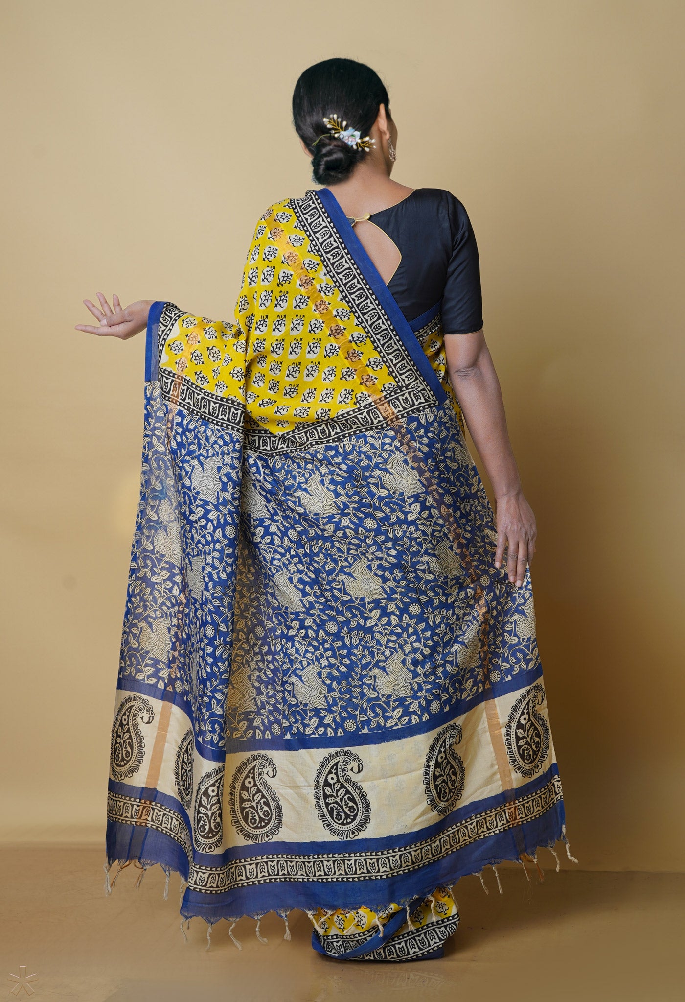 Yellow Pure Preet Bagru Printed Chanderi sico Saree-UNM70432