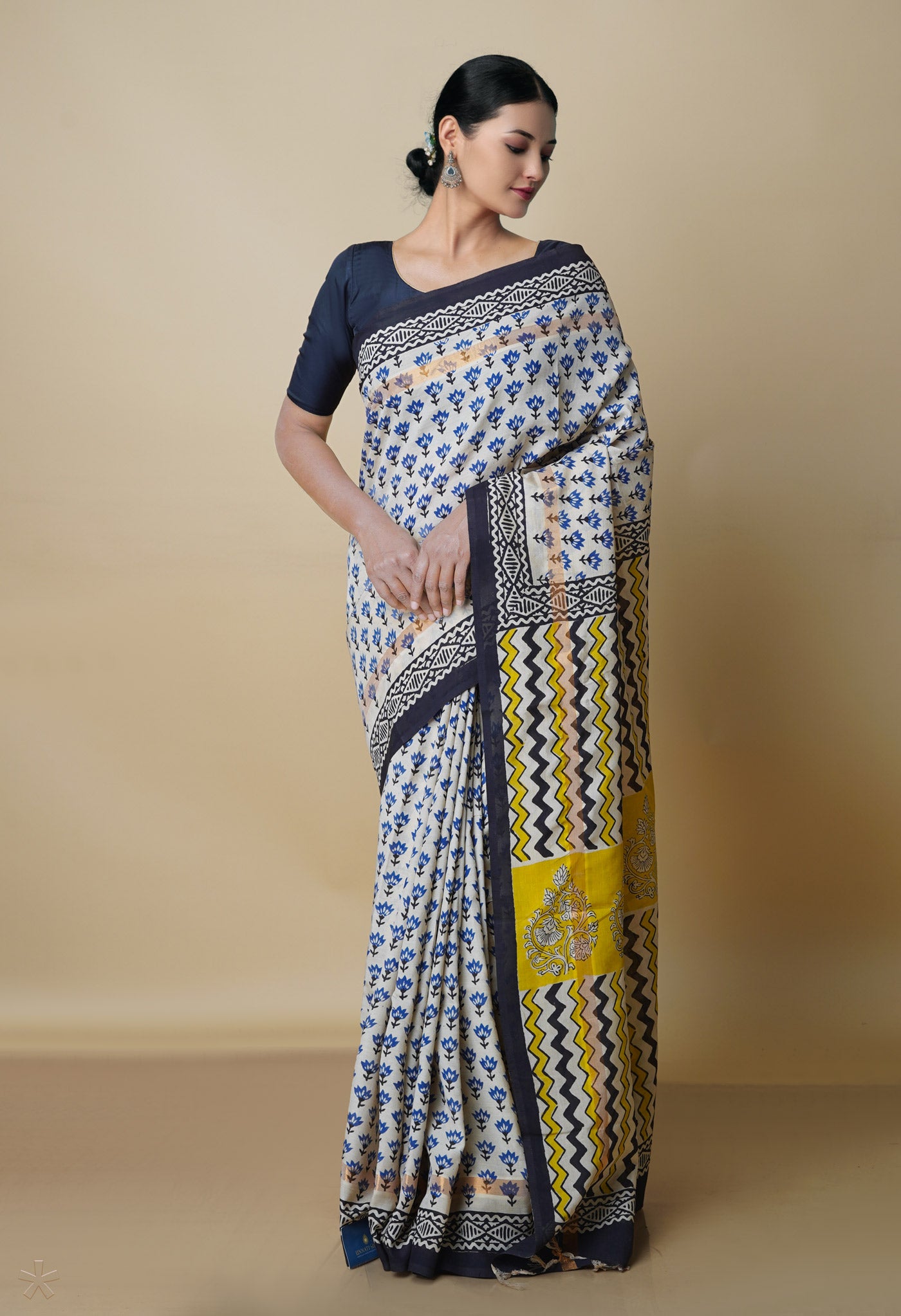 Beige Pure  Preet Bagru Printed Chanderi  sico Saree-UNM70434