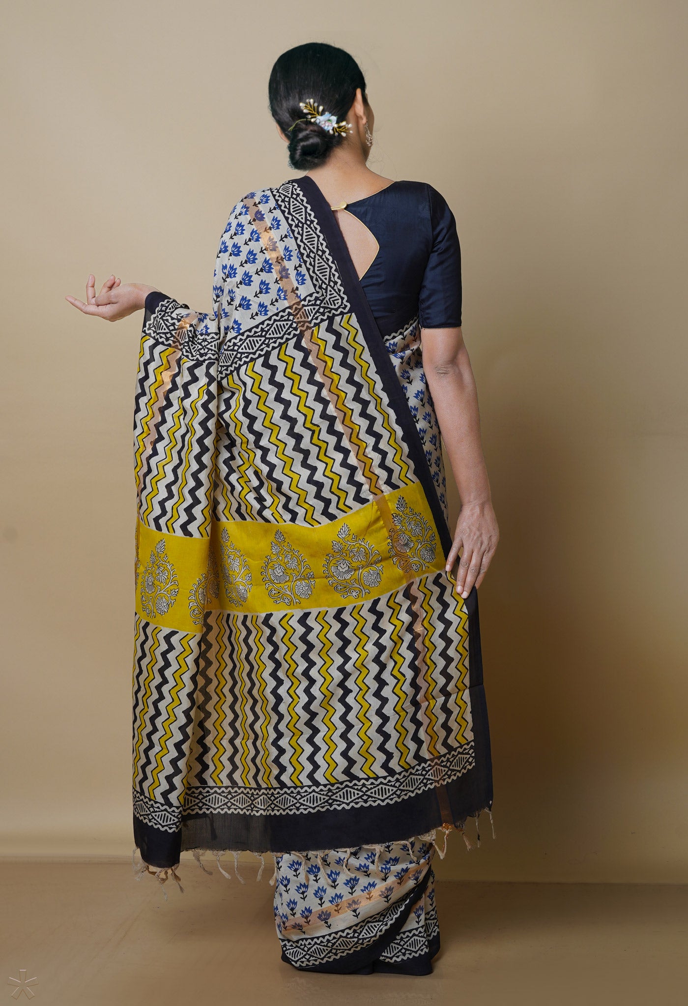 Beige Pure  Preet Bagru Printed Chanderi  sico Saree-UNM70434