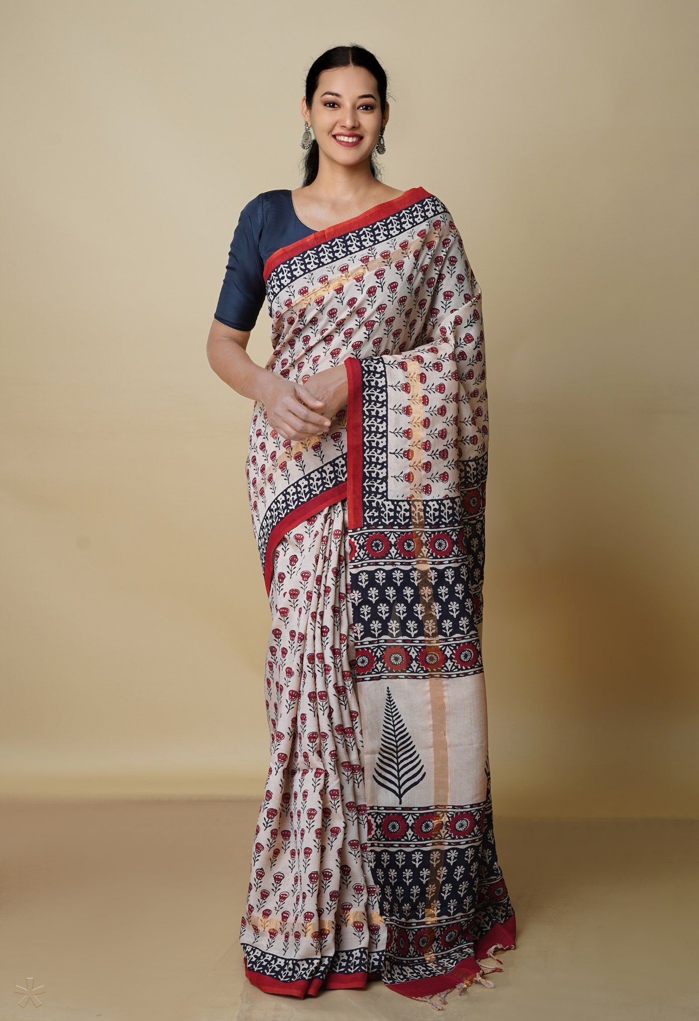 Cream Pure Preet Bagru Printed Chanderi sico Saree-UNM70438