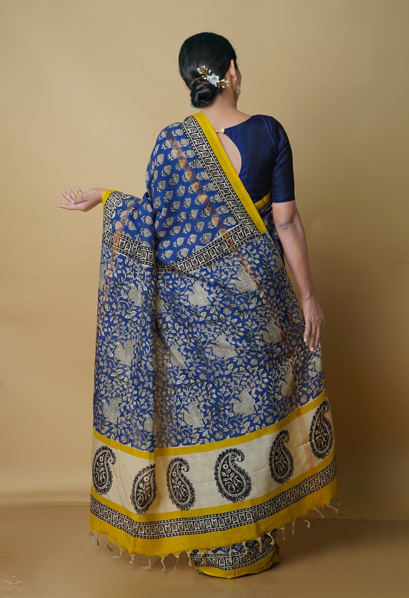 Blue Pure Preet Bagru Printed Chanderi sico Saree-UNM70441