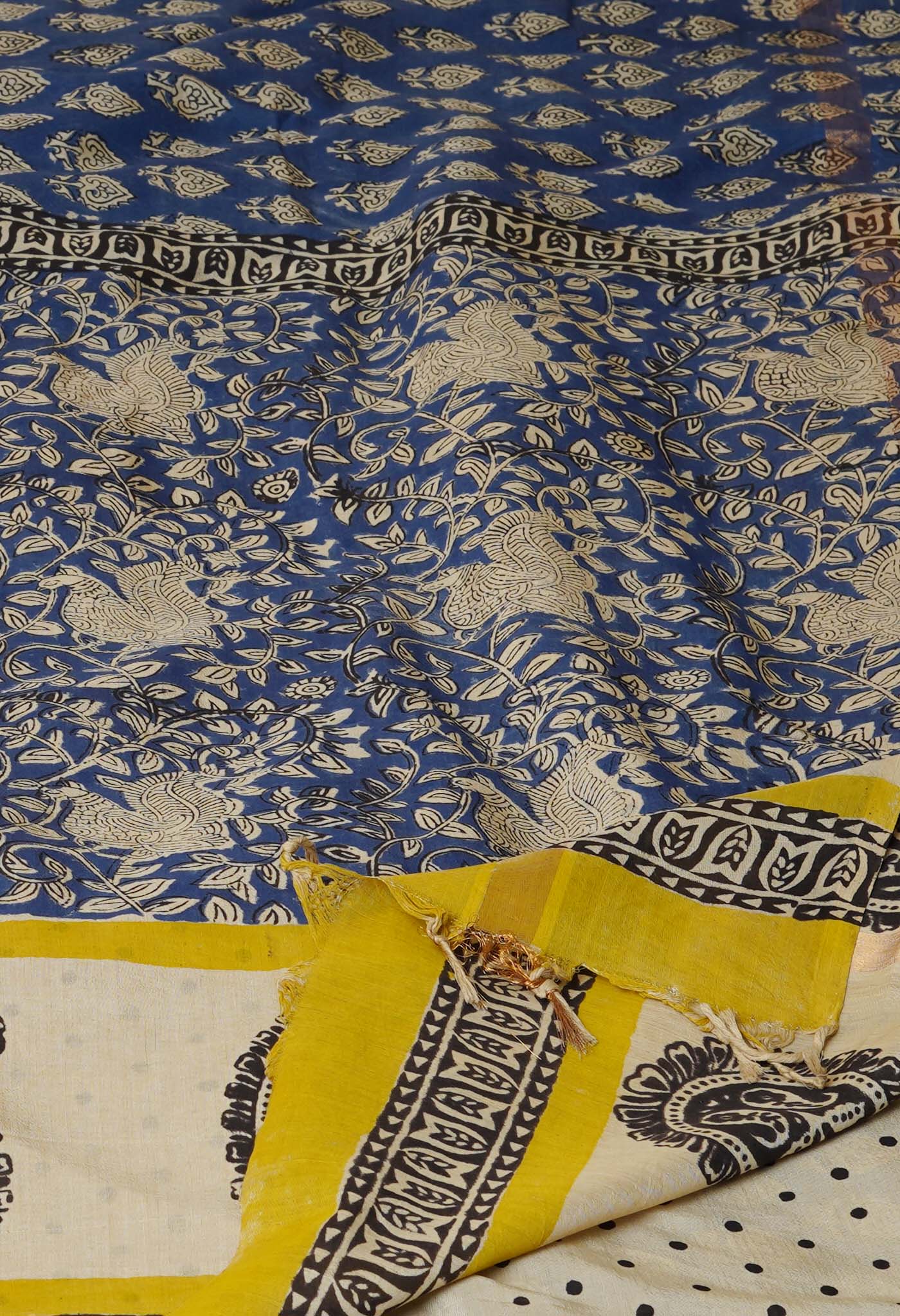 Blue Pure Preet Bagru Printed Chanderi sico Saree-UNM70441