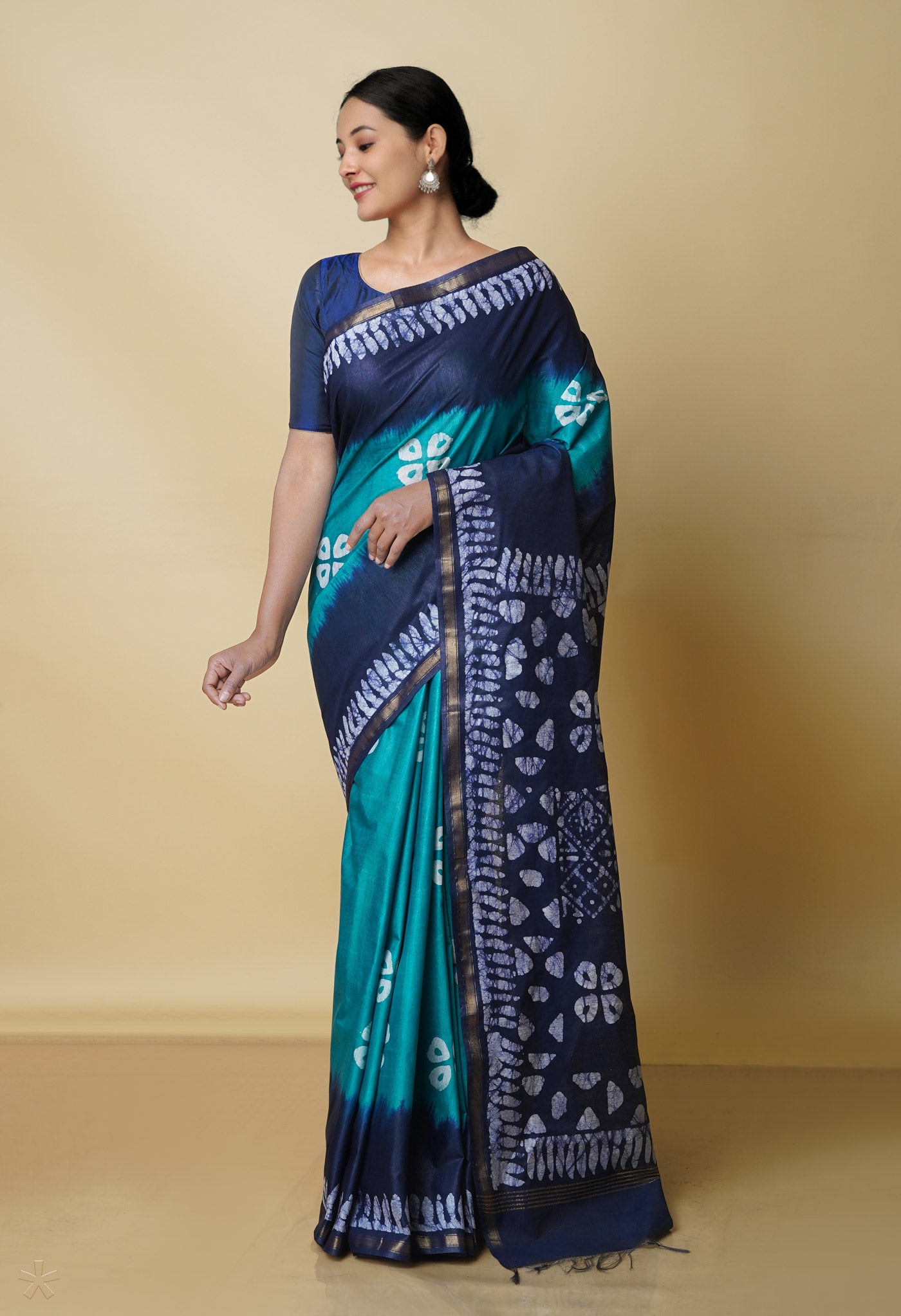 Sea Green-Navy Blue Pure Batik Chanderi Silk Saree-UNM70450
