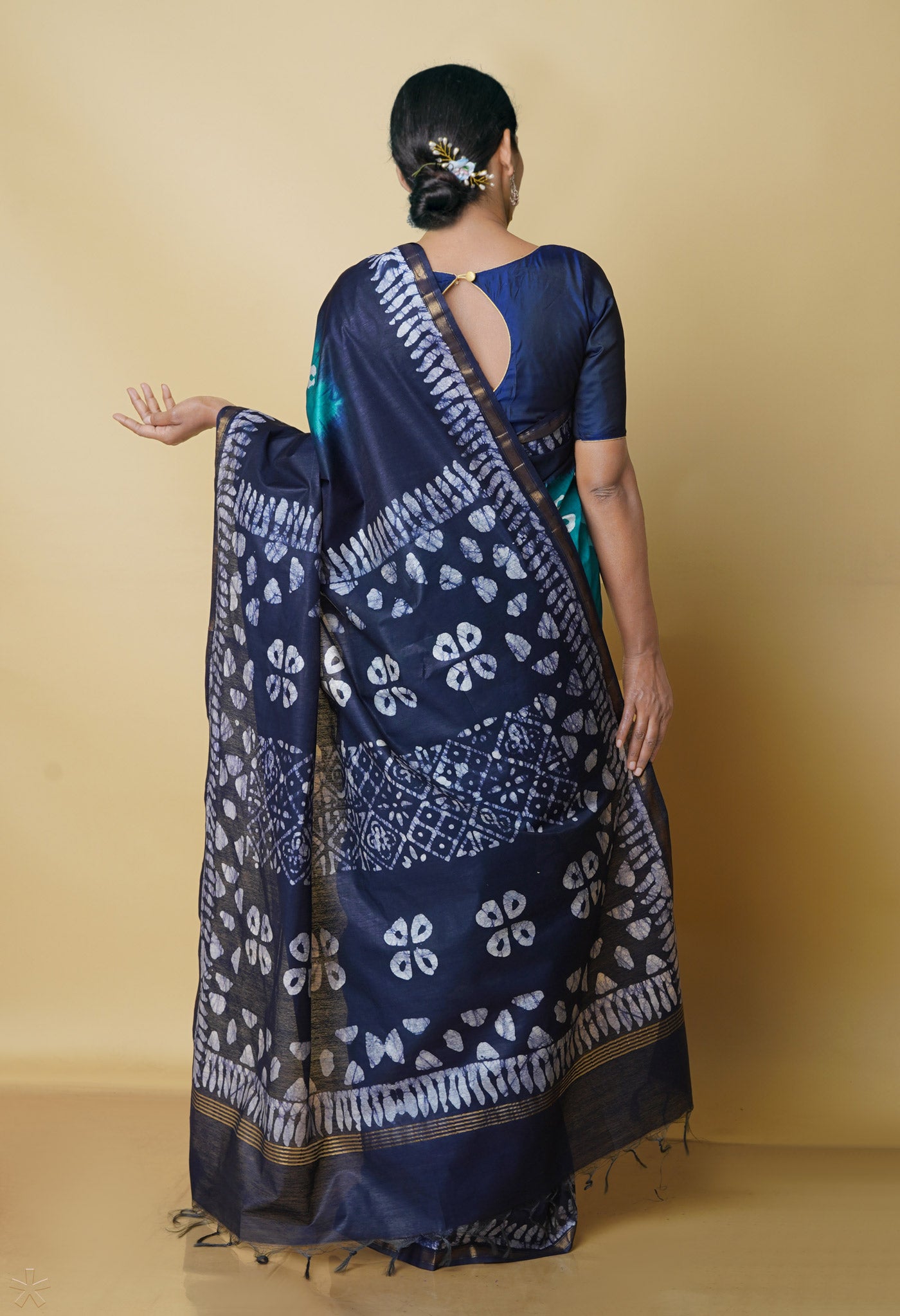Sea Green-Navy Blue Pure Batik Chanderi Silk Saree-UNM70450