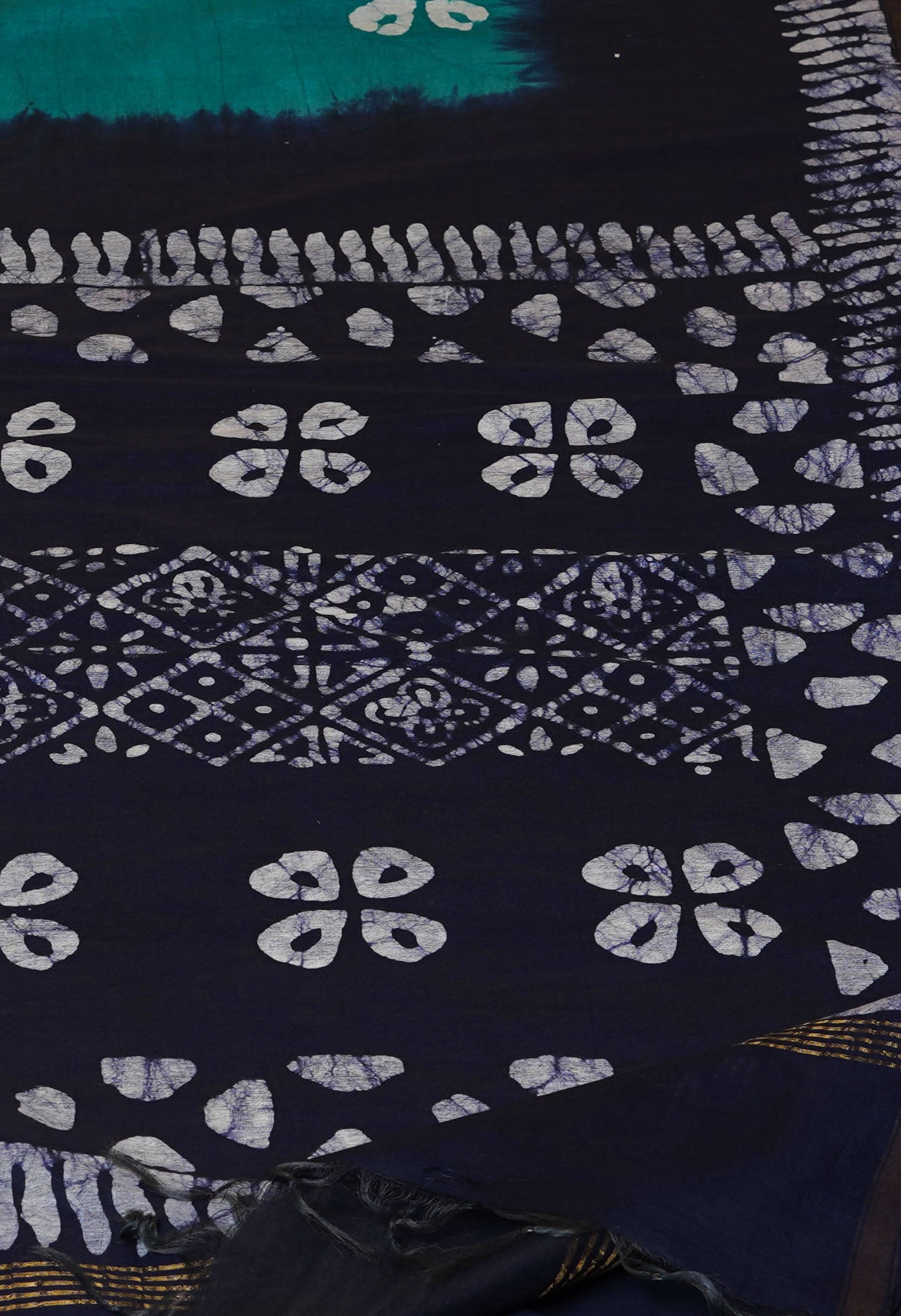 Sea Green-Navy Blue Pure Batik Chanderi Silk Saree-UNM70450