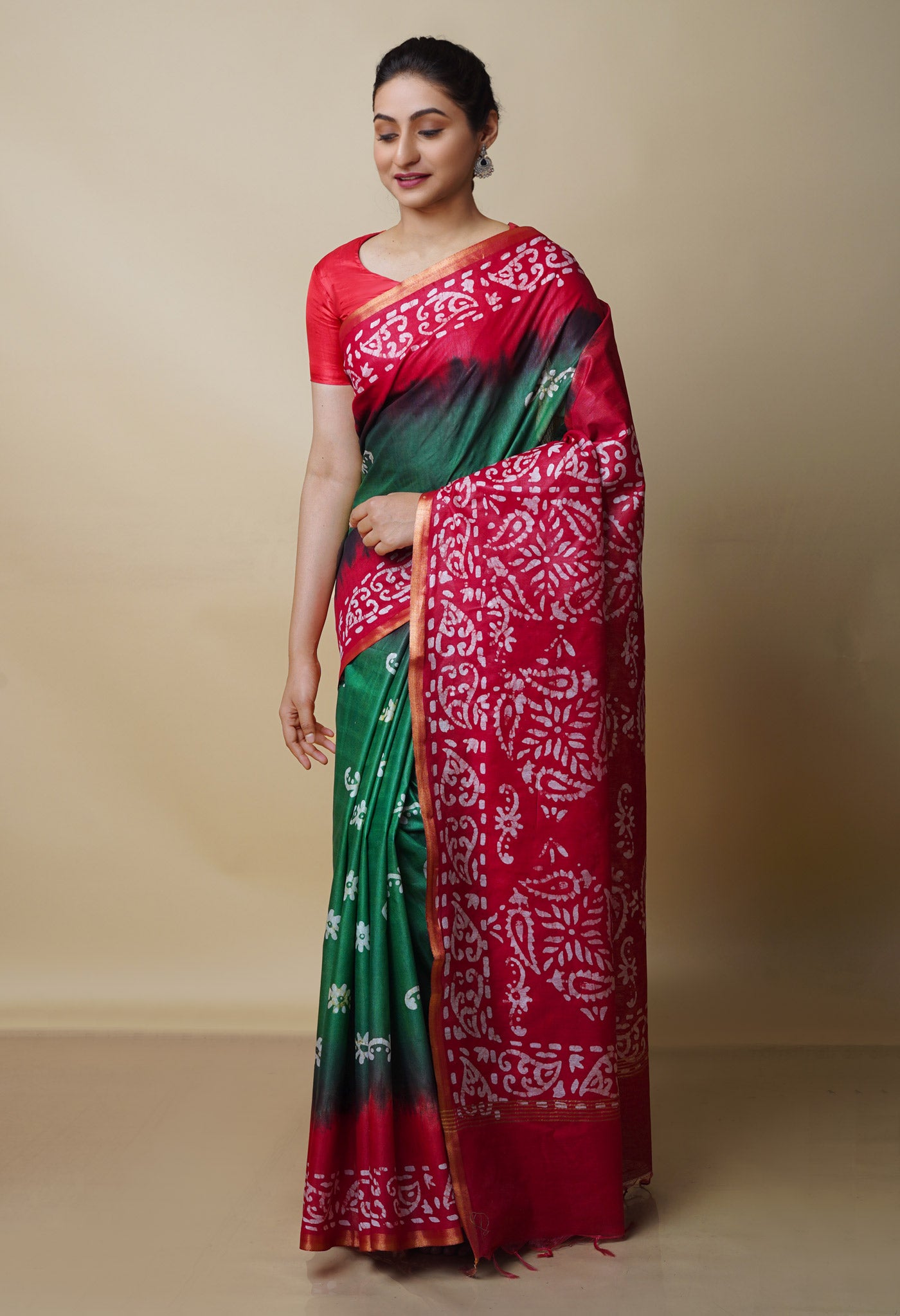 Green-Red Pure Batik Chanderi Silk Saree-UNM70459