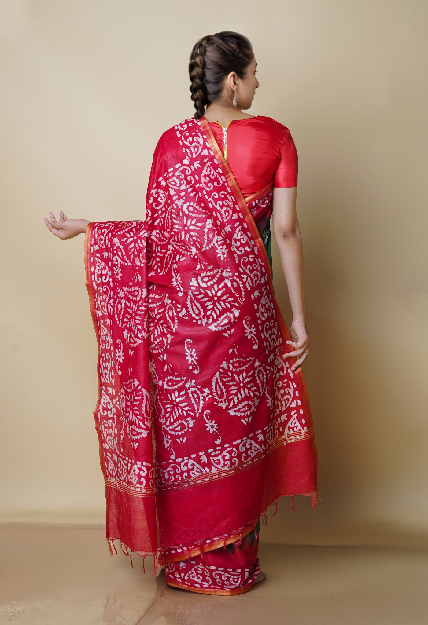 Green-Red Pure Batik Chanderi Silk Saree-UNM70459