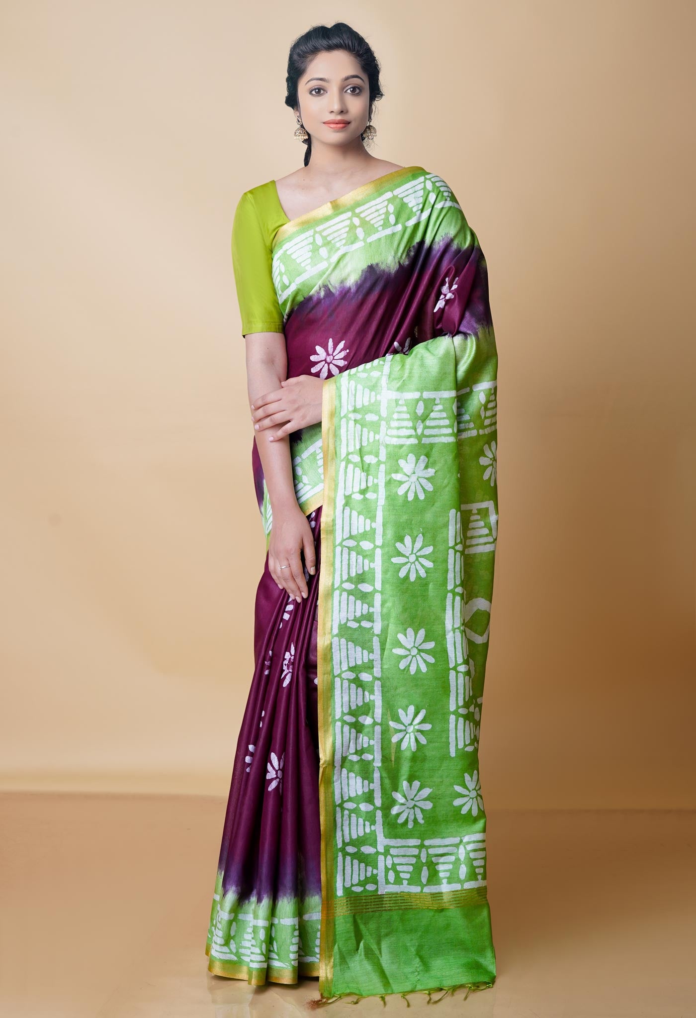 Wine Red-Green Pure Batik Chanderi Silk Saree-UNM70476