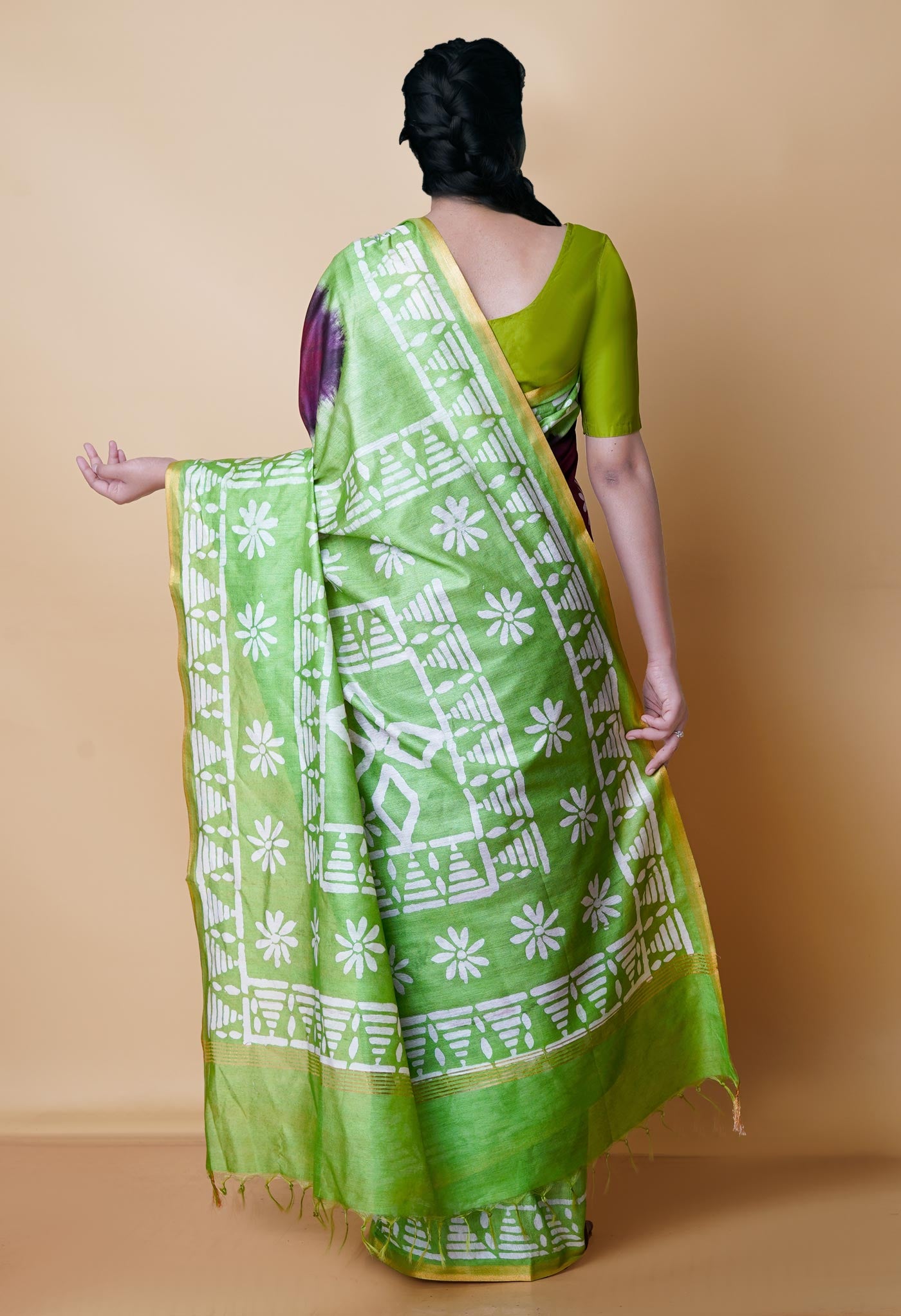 Wine Red-Green Pure Batik Chanderi Silk Saree-UNM70476
