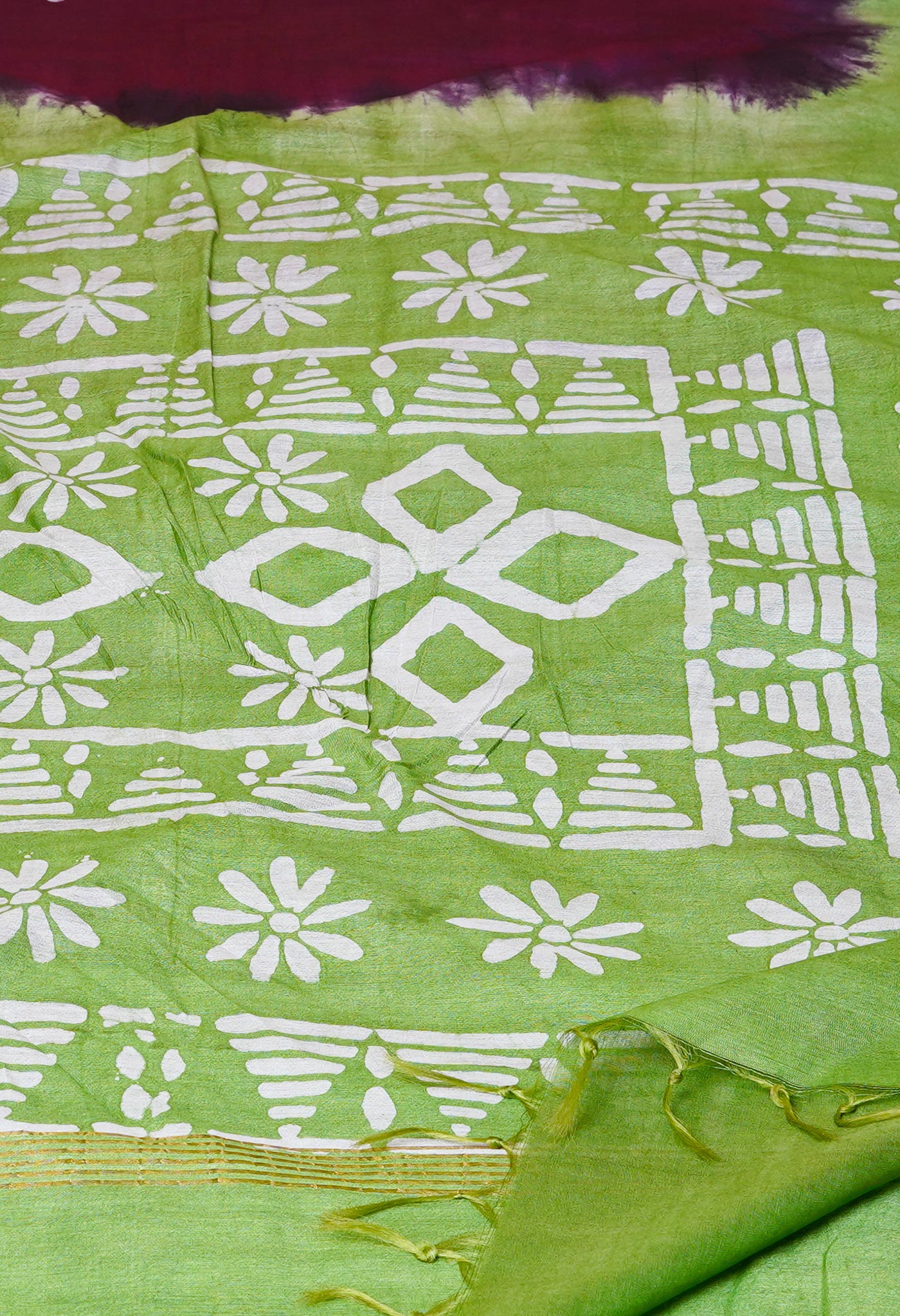 Wine Red-Green Pure Batik Chanderi Silk Saree-UNM70476