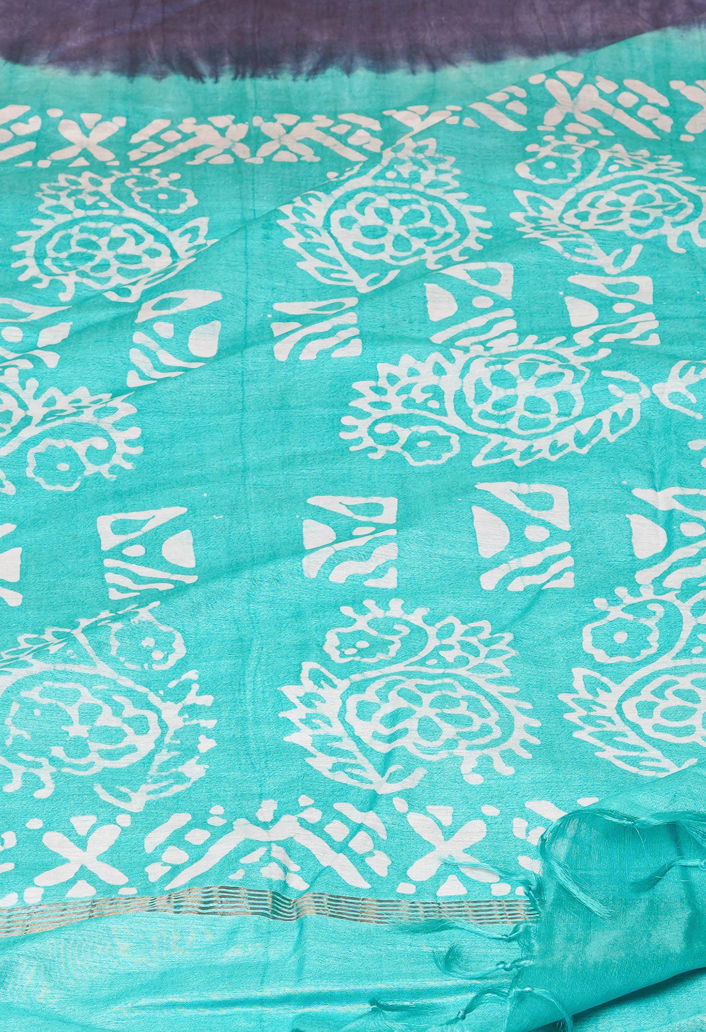 Dark Grey-Sea Green Pure Batik Chanderi Silk Saree-UNM70482