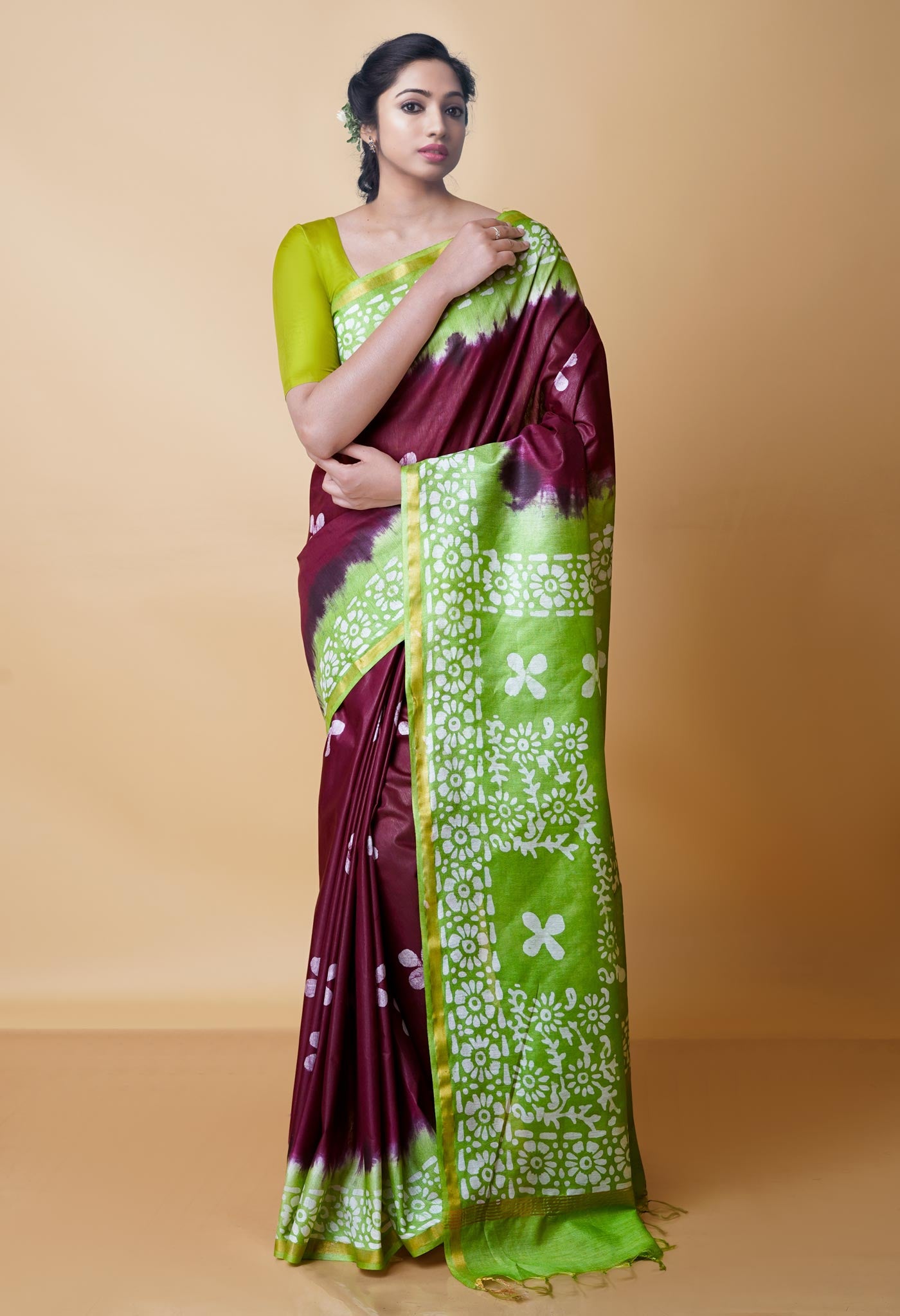 Wine Red-Green Pure Batik Chanderi Silk Saree-UNM70483