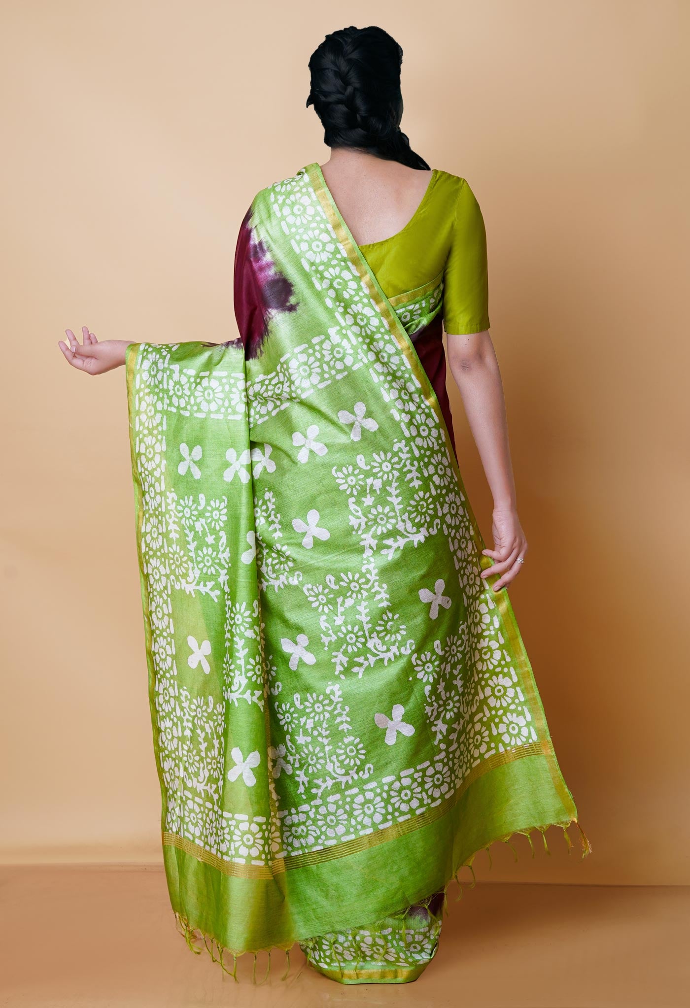 Wine Red-Green Pure Batik Chanderi Silk Saree-UNM70483