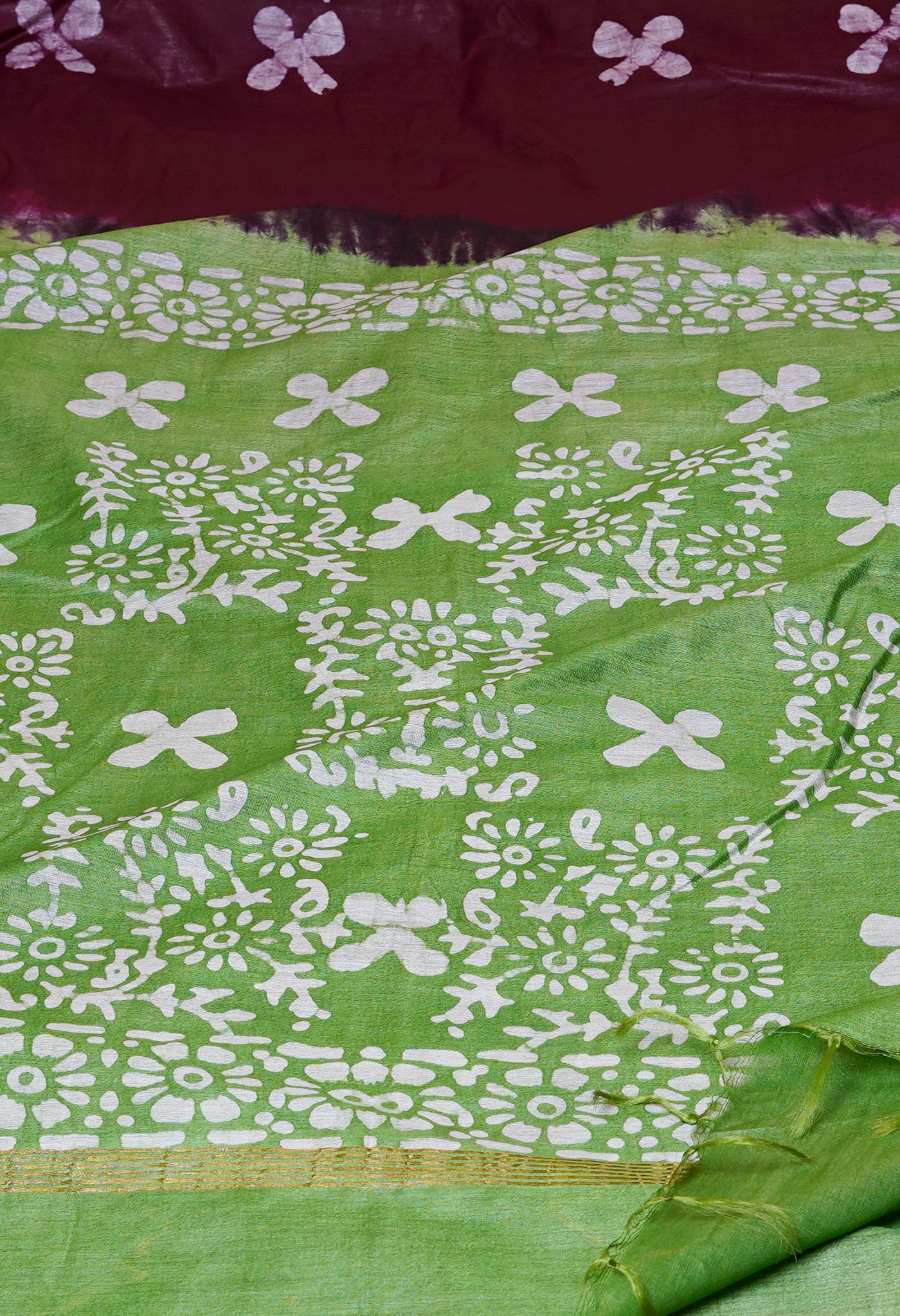 Wine Red-Green Pure Batik Chanderi Silk Saree-UNM70483