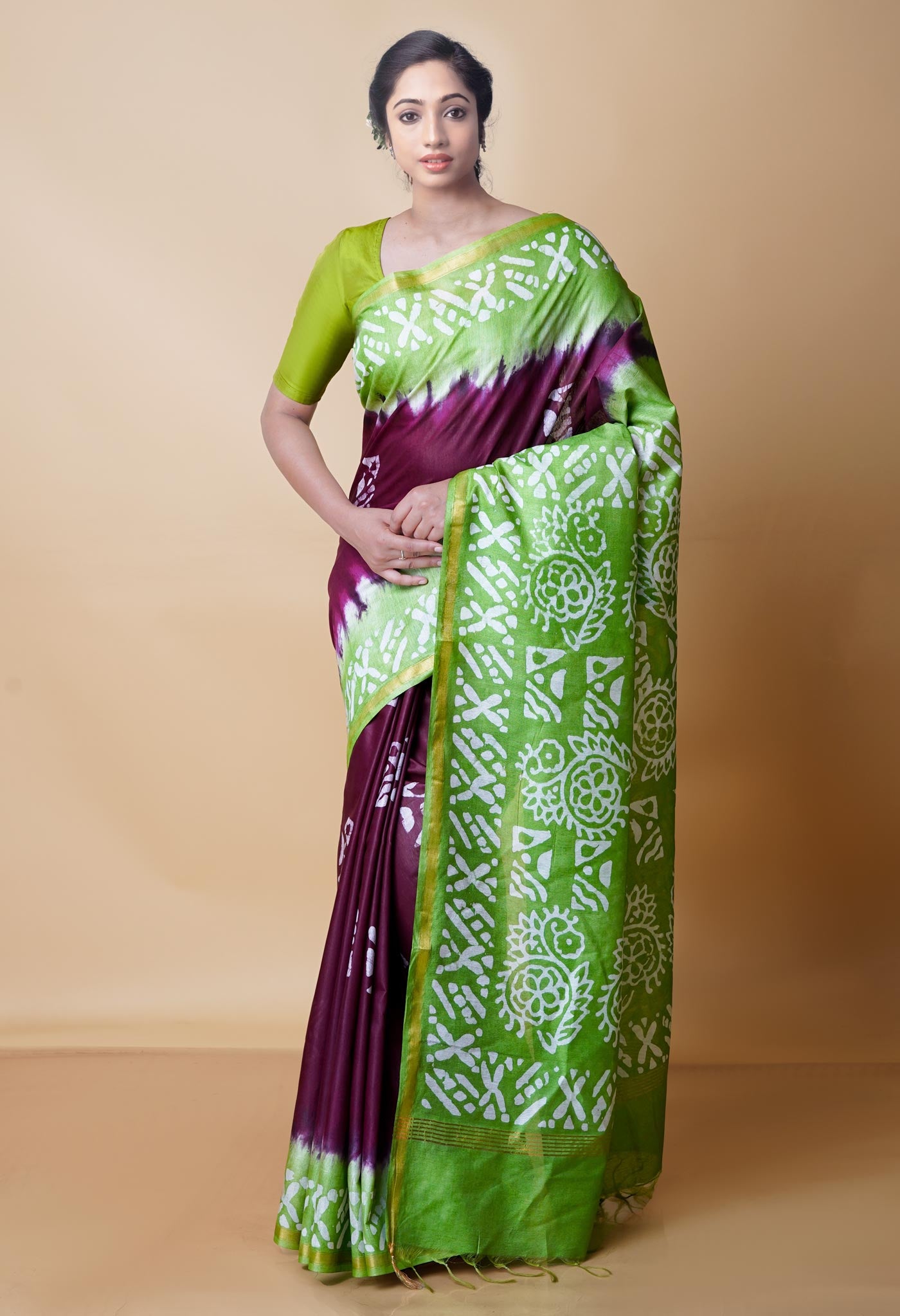 Wine Red-Green Pure Batik Chanderi Silk Saree-UNM70493