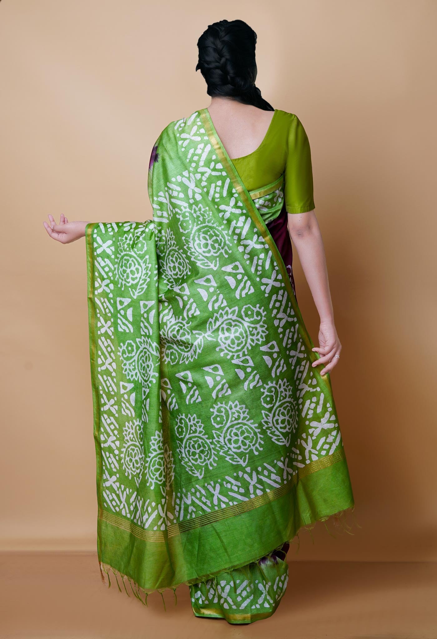 Wine Red-Green Pure Batik Chanderi Silk Saree-UNM70493