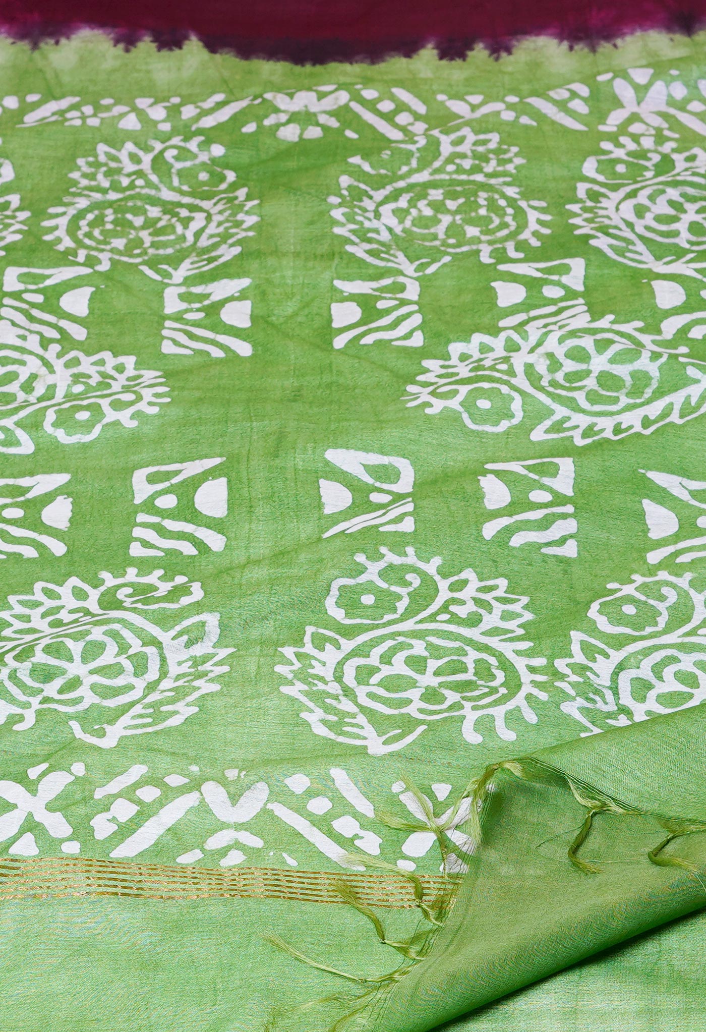 Wine Red-Green Pure Batik Chanderi Silk Saree-UNM70493