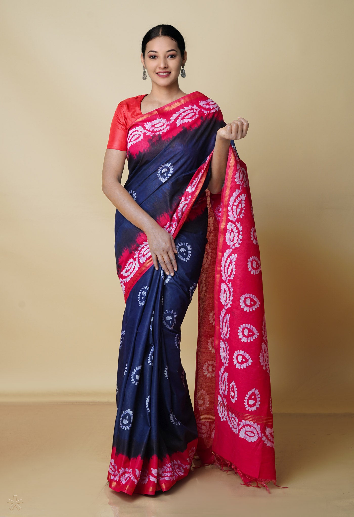 Navy Blue-Pink Pure Batik Chanderi Silk Saree-UNM70495