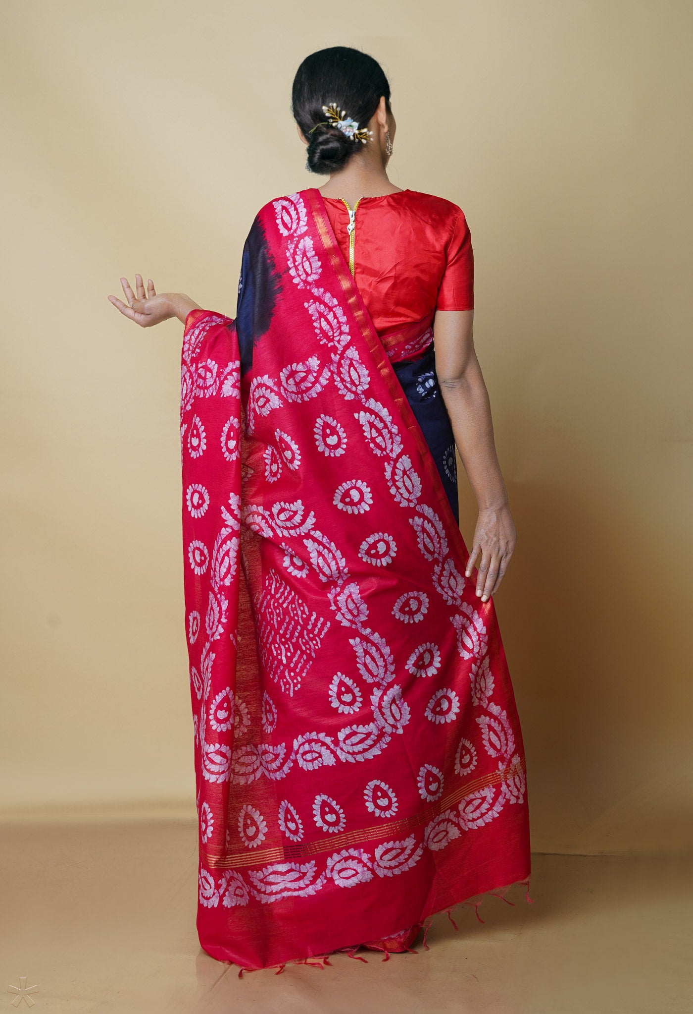 Navy Blue-Pink Pure Batik Chanderi Silk Saree-UNM70495